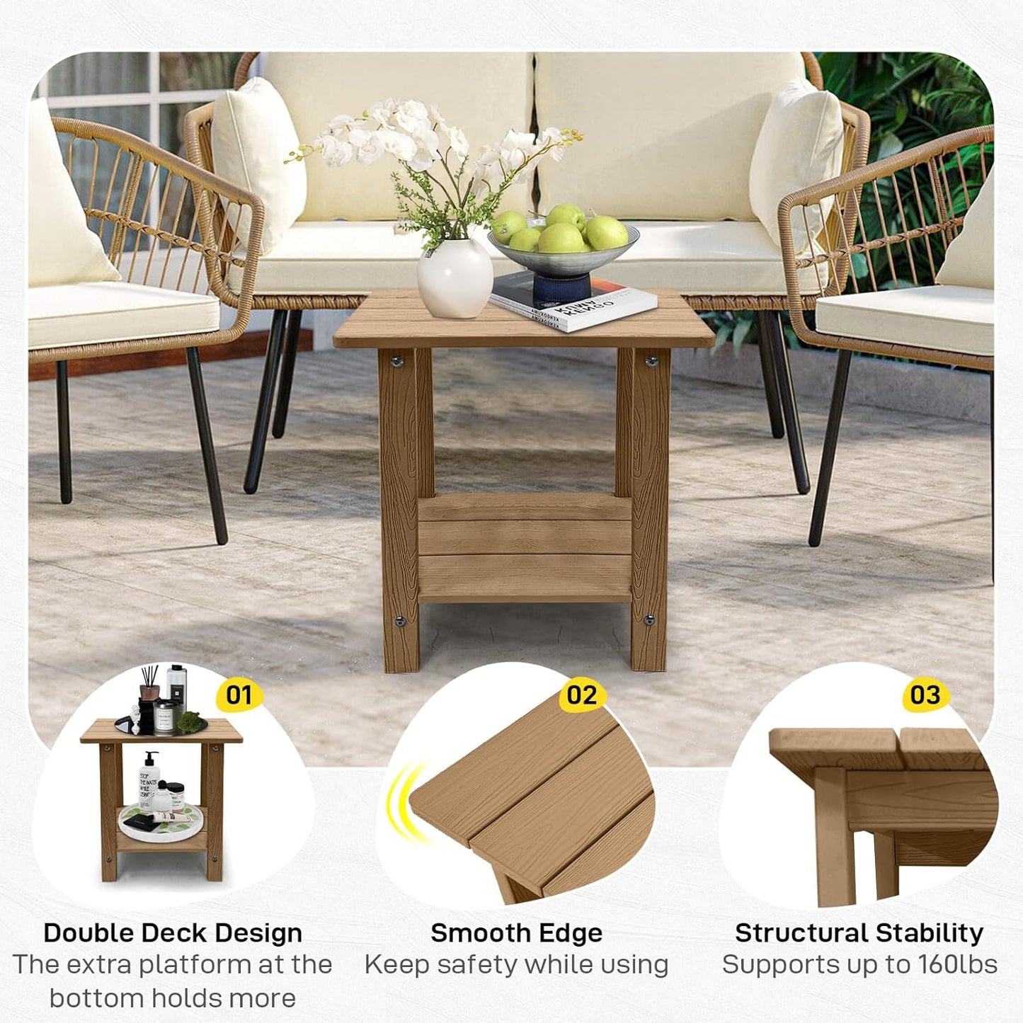 Melucivi Weather Resistant Outdoor Side Table, Double Small Adirondack Side Table for Adirondack Chair - Indoor Outdoor End Table, Patio Table for Pool, Deck and Porch (Brown)