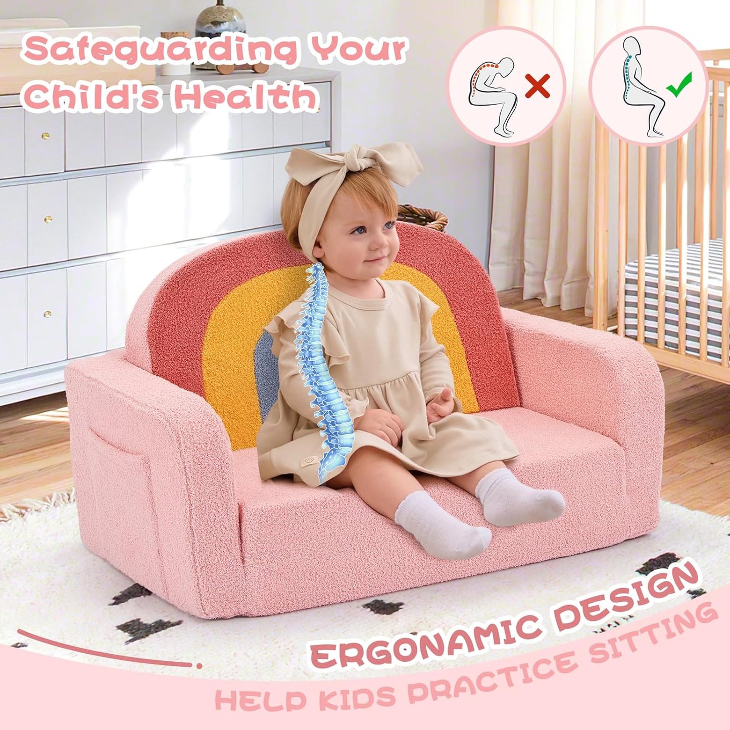 Extra Wide Kids Couch, 2-in-1 Soft Toddler Couch with Blanket, Comfy Toddler Chair, Convertible Sofa to Lounger with Cute Colorful Rainbow Design, Pink