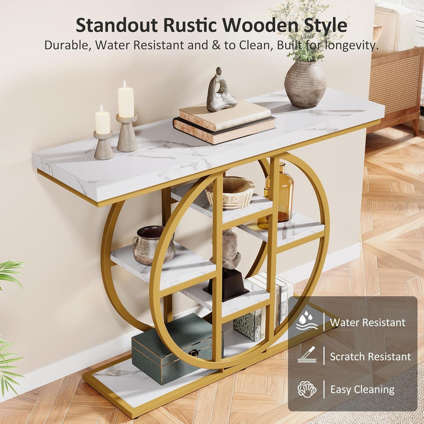 41" Console Table, 4-Tier Entryway Table with Circle Base, Industrial Narrow Wood Sofa Accent Tables with Storage Shelves for Living Room, Hallway, Foyer (White Gold)