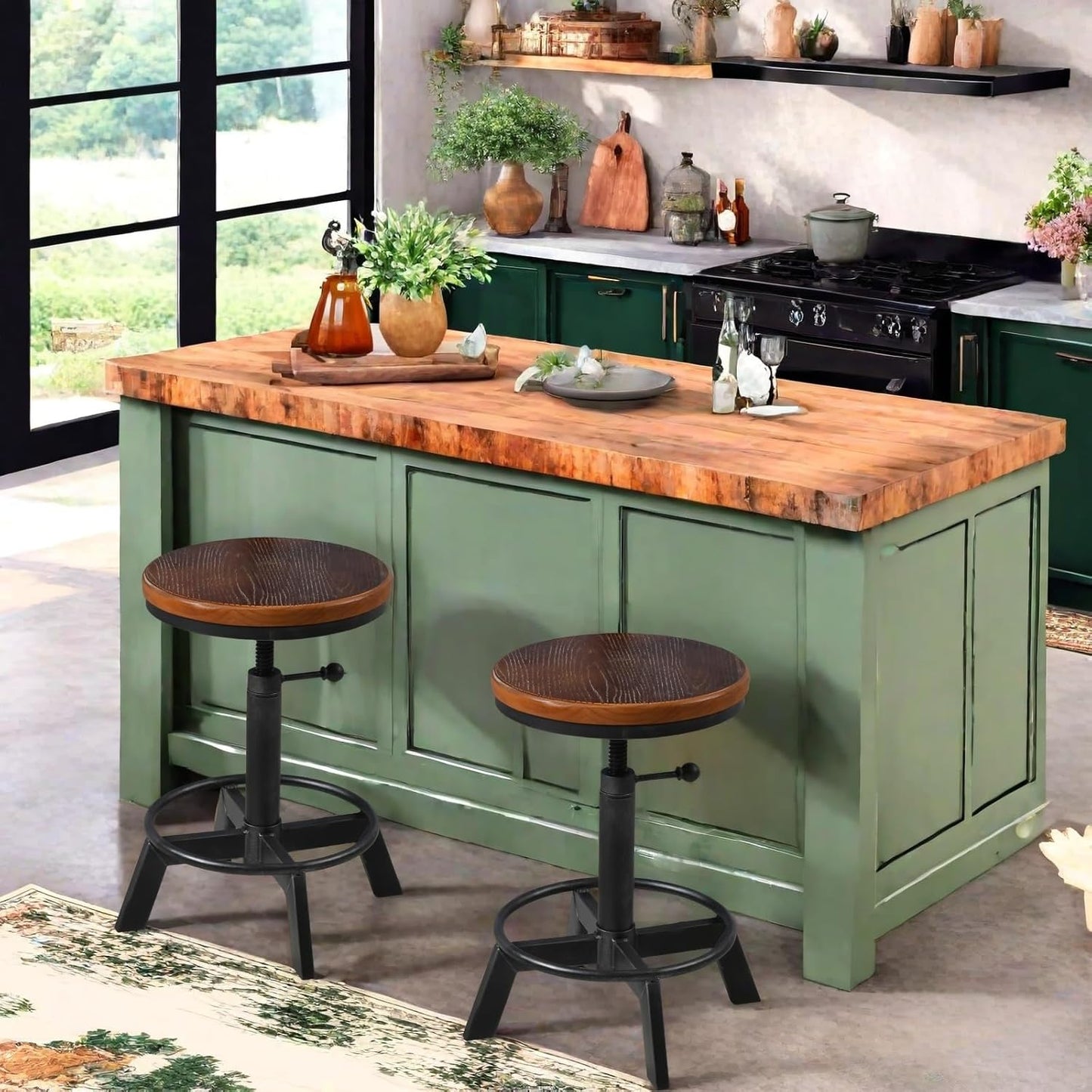 Set of 2-Industrial Bar Stool-Rustic Counter Height Chairs for Kitchen Island-Farmhouse Swivel Wooden Seat- Adjustable 17.7-24inch