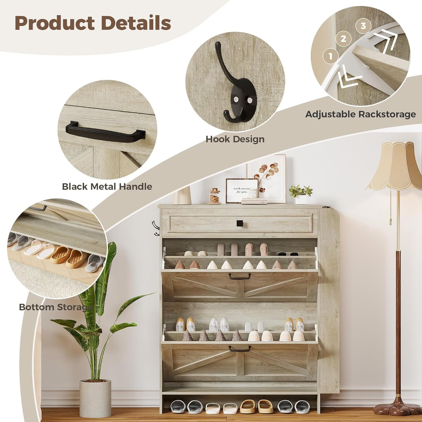 IRONCK Shoe Storage Cabinet with 2 Flip Drawers & Barn Door Design, Freestanding Shoe Cabinet Organizer with Drawer and Shelves for Entryway, Farmhouse Shoe Rack Cabinet,Rustic Maple