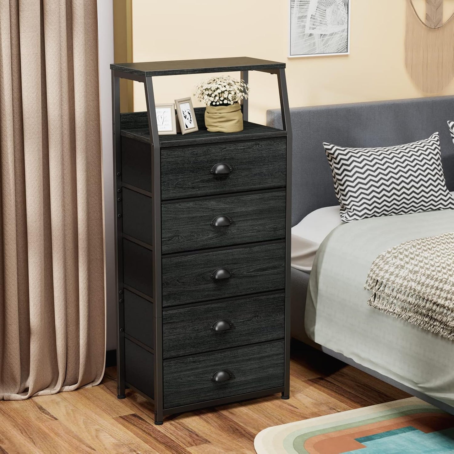 Furnulem Black Dresser with 5 Drawers, Vertical Storage Tower Fabric Dresser for Bedroom, Hallway, Entryway, Nursery, Closet Organizer, Nightstand Bedside Table Furniture, Sturdy Steel Frame, Wood Top