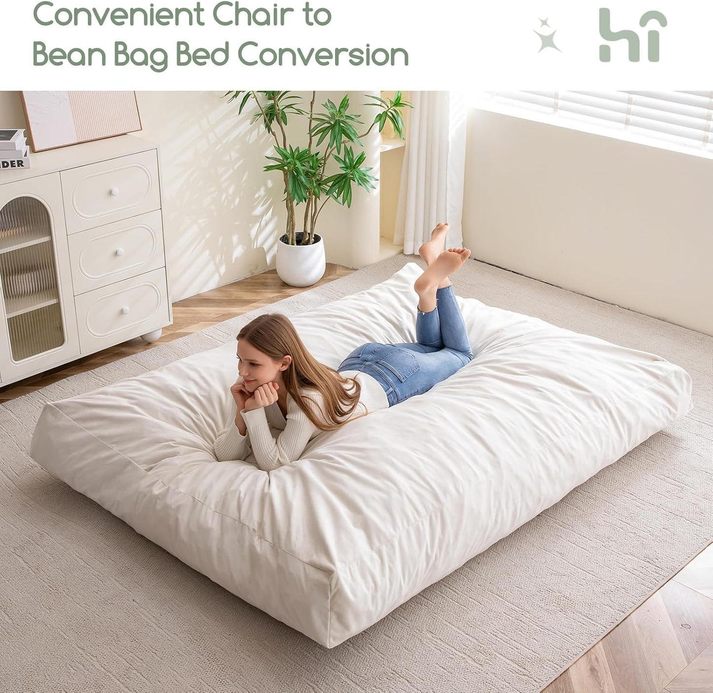 HIGOGOGO Giant Bean Bag Chair Bed for Adults,Convertible Beanbag Folds from Lazy Chair to Floor Mattress Bed,Large Floor Sofa Couch for Adult,Couples,Family, Machine Washable, Beige