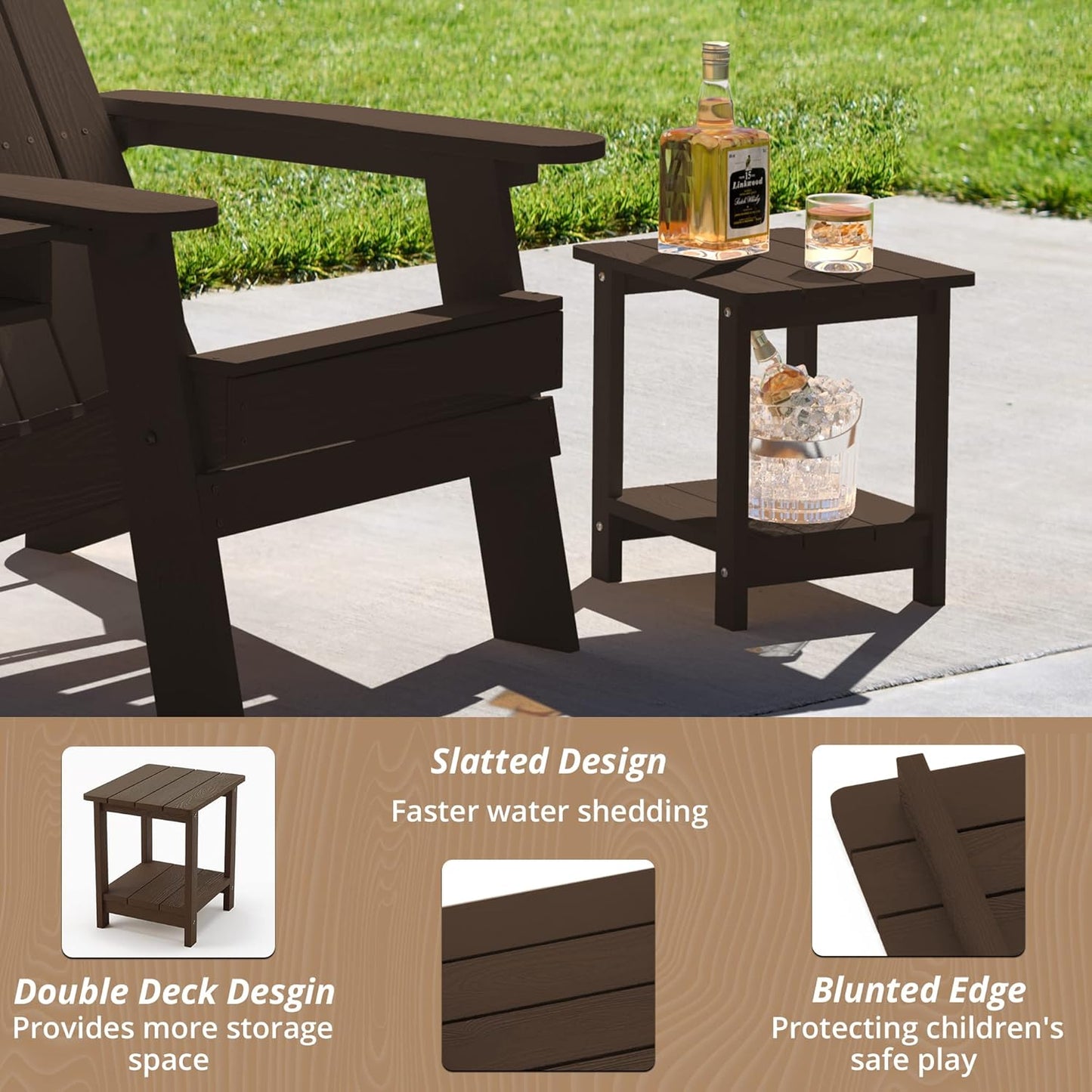 LUE BONA Adirondack Outdoor Side Table, 2-Tier Dark Brown HDPS Patio End Table Weather Resistant,Outdoor Morden Side Table for Patio, Pool, Porch