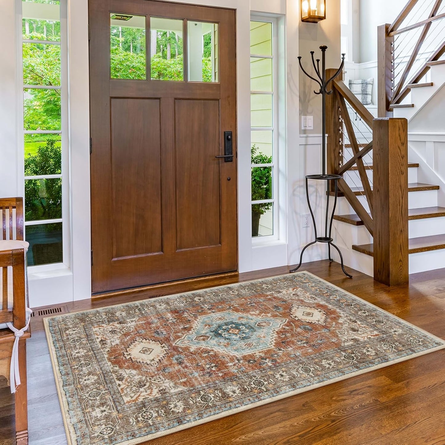 Lahome Oriental Washable Rug, 3x5 Rugs for Bedroom Living Room Entryway, Vintage Ultra-Thin Non-Slip Soft Throw Carpet for Kitchen Office Entrance, Orange/Multi