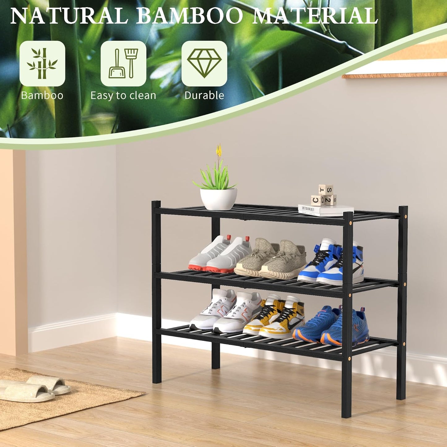3 Tier Bamboo Shoe Rack for Closet Free Standing Wood Shoe Shelf Storage Organizer for Entryway Small Space Stackable 27"x11"x20" (Black)