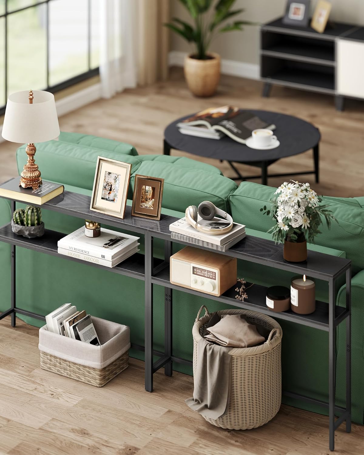 VASAGLE Console Table, 2-Tier Narrow Sofa Table with 2 Shelves, 7.9 x 39.4 x 31.5 Inches, for Living Room, Hallway, Entryway, Charcoal Gray and Ink Black ULNT131B22V1