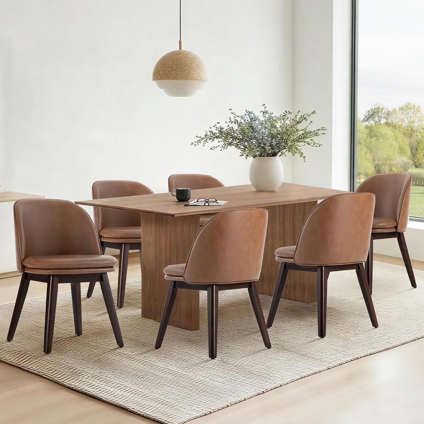 Wooden Dining Chairs Set of 4, Faux Leather Upholstered Modern Dining Room Chairs with Double-Layer Thick Seat Cushion & Ergonomic Backrest for Restaurant, Kitchen and Café, Brown, 2 Boxs