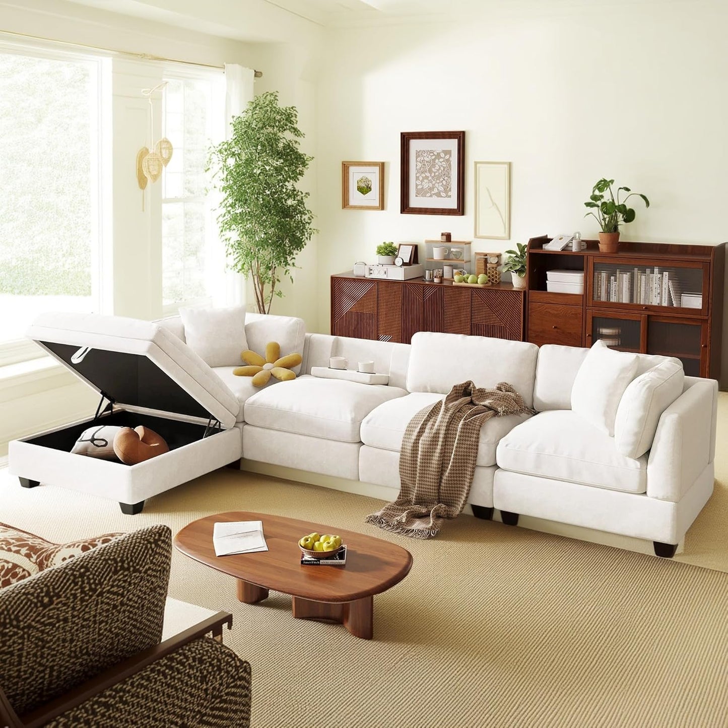 127.6 Inch 5-Seat Modular Convertible Sectional Sofa with Removable Storage Ottoman and 2 Hidden Cupholder, L-Shaped Upholstery Corner Couch for Living Room Apartment Office, Beige