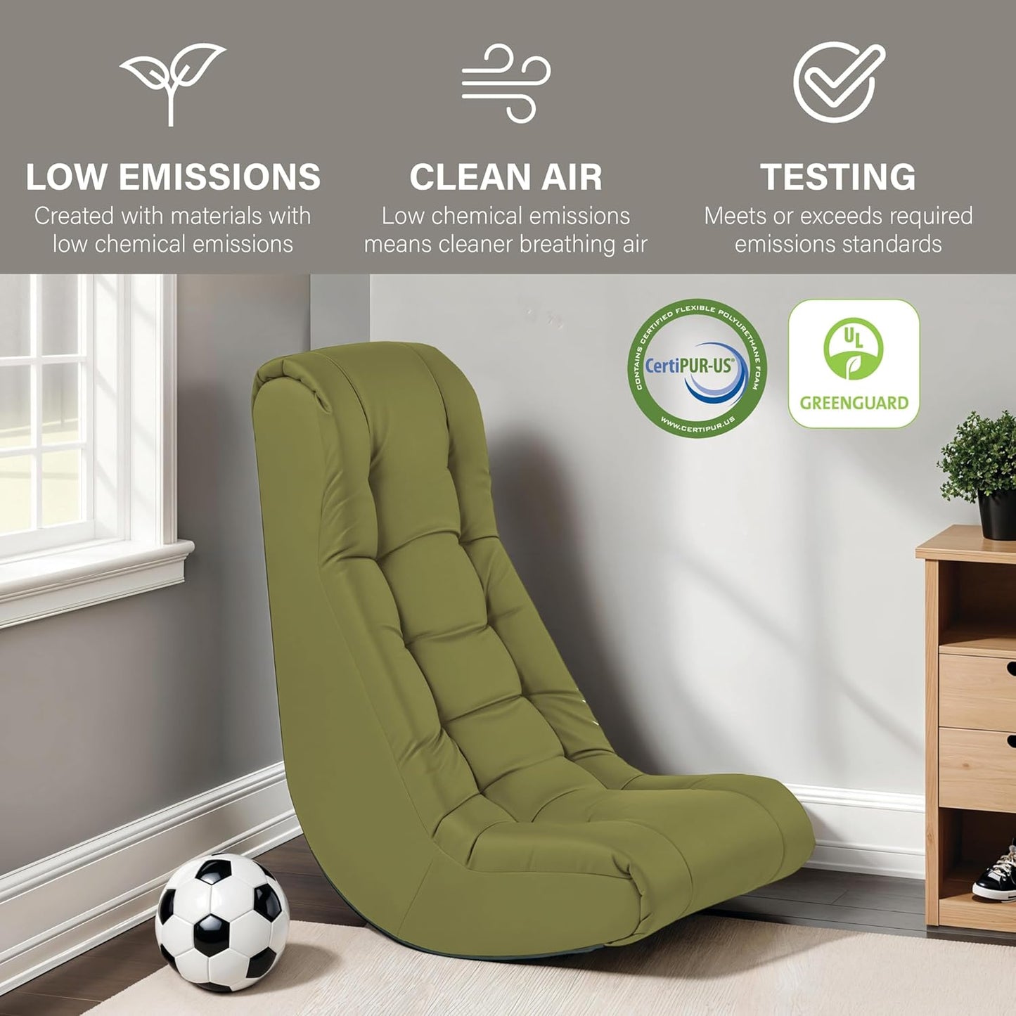 FDP Tufted Floor Rocker for Kids, Teens and Adults; Comfortable, Ergonomic Chair for Reading, Playing Video Games, or Watching TV - Fern Gray, 10488-FG