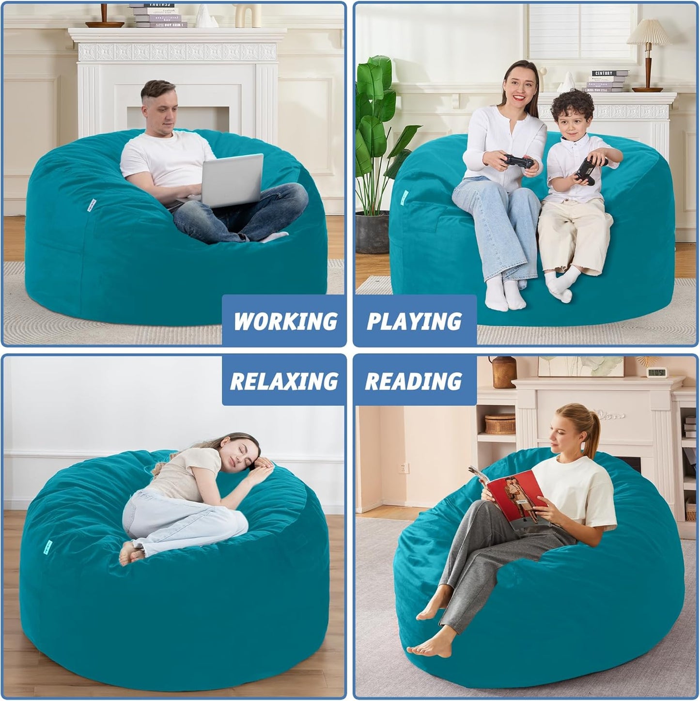 4FT Bean Bag Chair with Ultra Soft Velvet Cover Bean Bag Sofa with Memory Foam Bean Bag Chairs with Large Size Lazy Sofa for Dorm Office Living Room Bedroom Sea Blue 4'