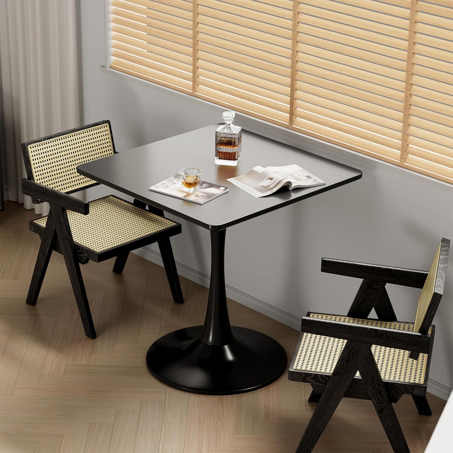 24" Black Small Dining Table for 2 or 4, Small Square Tulip Table for Kitchen, Round Corner Wood Bistro Table, Mid Century Modern Tables with Sturdy Pedestal for Living Room, Cafe, Office, Pub, Bar