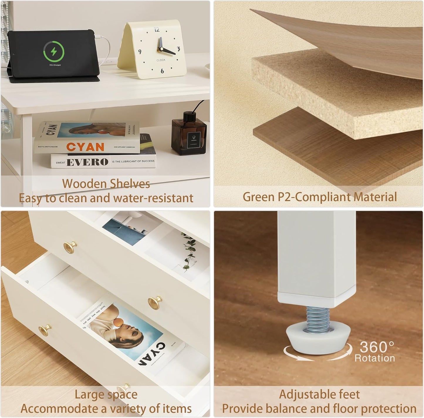 27 inch Wide Nightstand with Charging Station, Bedside Table with Open Shelf, 2 Drawers Small Wood Dresser, End Side Table for Bedroom (White)