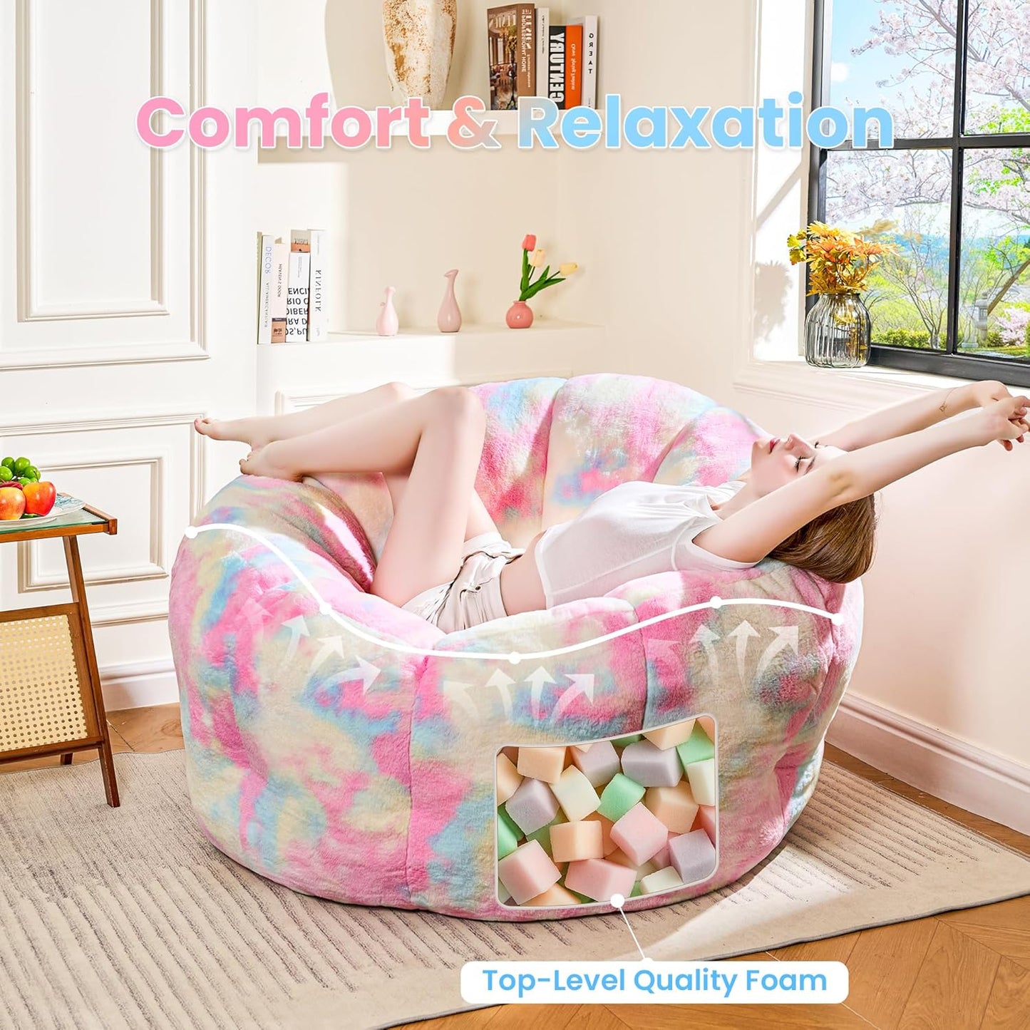 Giant Bean Bag Chair, Faux Fur Adult Chair with Petal Armrest Oversize Colorful Chair for Bedroom, Living Room, Dorm, Game - Rainbow, X-Large, High Support