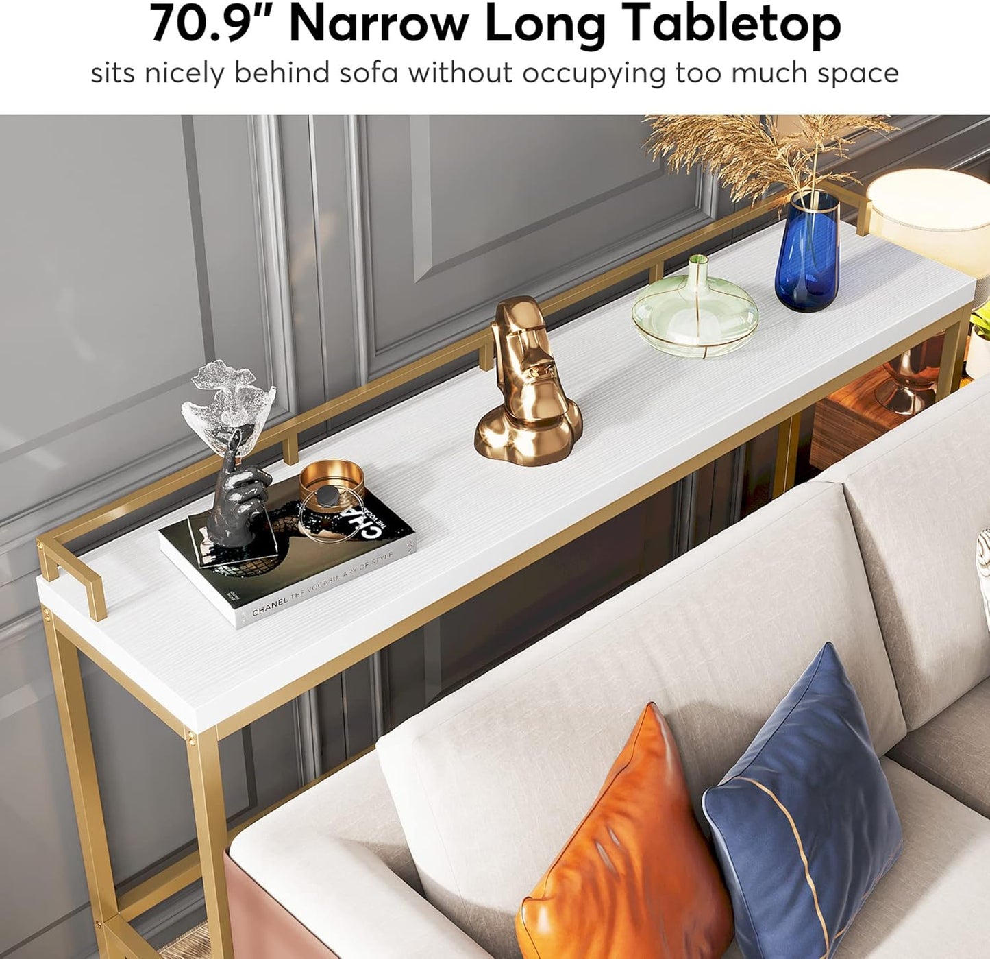 Tribesigns 70.9 inch Extra Long Sofa Table, Narrow Console Table Behind Couch, Modern Entryway Table Skinny Hallway Table for Living Room (White+Gold)