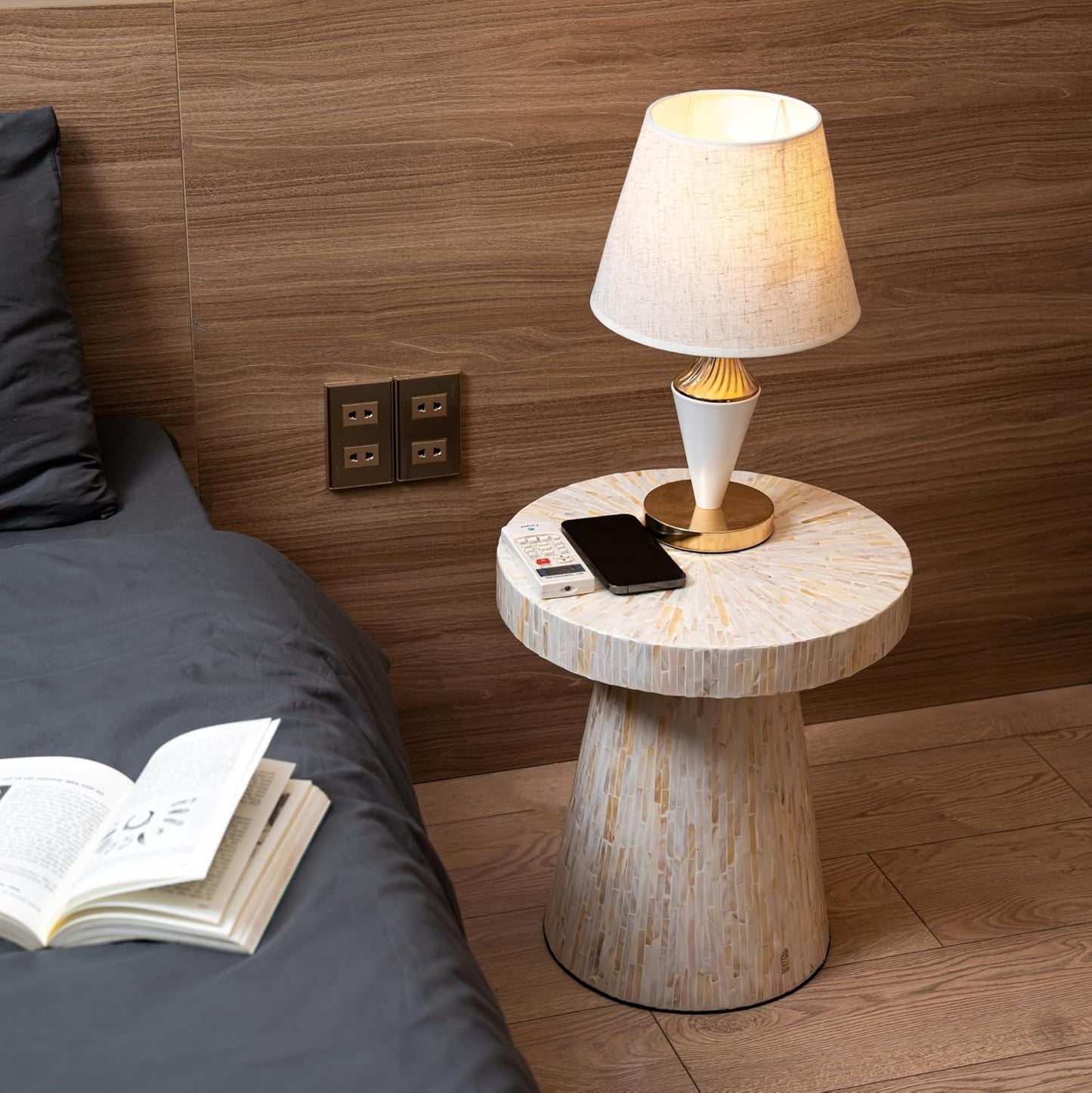 PEMAR Mother of Pearl Pedestal Side Table Modern Mushroom Minimalist Drink Accent End Table for Small Space, Bedside for Bedroom, Living Room, Hallway (White & Cream Sunlight)