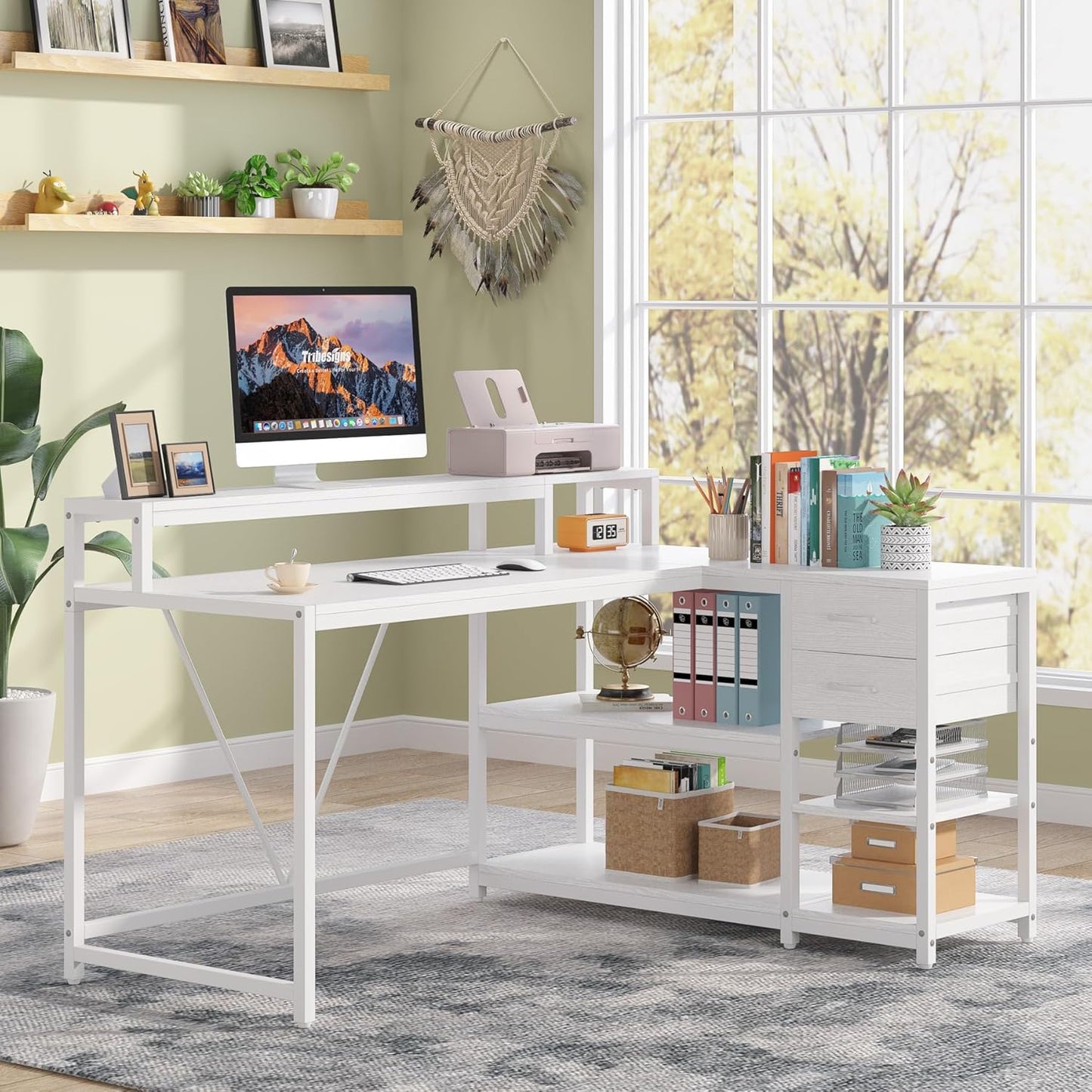 Tribesigns 55-inches Reversible L Shaped Desk with Drawer, Modern White L Corner Desk Home Office Table with Storage Shelves and Monitor Stand, Wooden and Metal PC Desk for Small Space