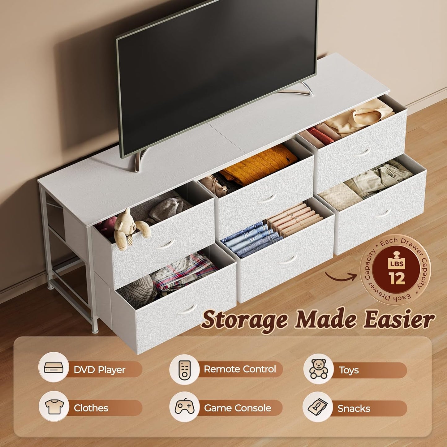 Huuger 63 Inch Long Dresser for Bedroom, Wide TV Stand for 55, 65, 70 Inch TV, 6 Drawer Dresser for Closet with Fabric Drawers, Storage Organizer for Bedroom, Entryway, PU Leather, White