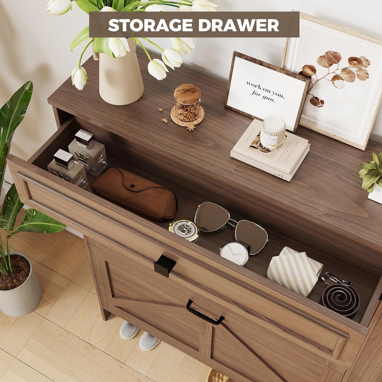 IRONCK Shoe Storage Cabinet with 2 Flip Drawers & Barn Door Design, Freestanding Shoe Cabinet Organizer with Drawer and Shelves for Entryway, Farmhouse Shoe Rack Cabinet,Dark Walnut