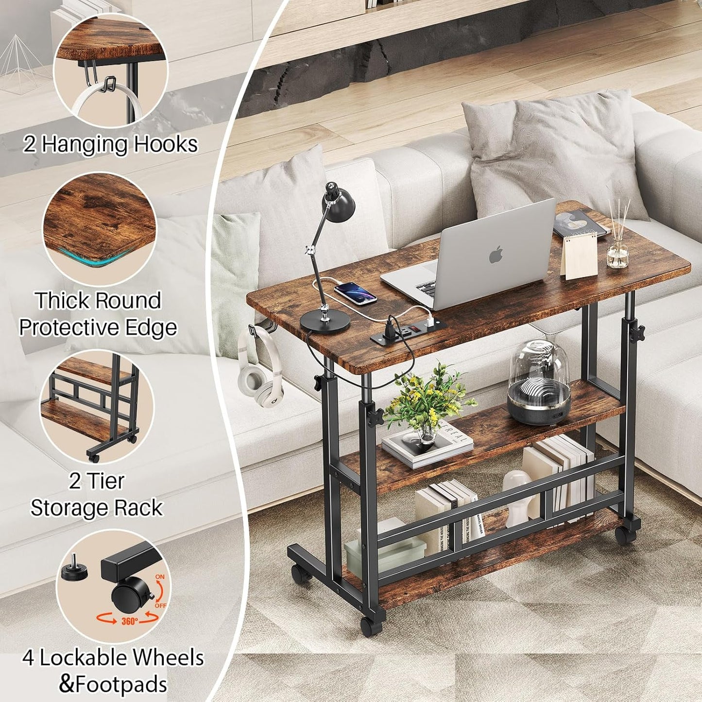 Adjustable Height Standing Desk with Power Outlets, Rolling Stand Up Desk with Storage Shelves, 31.5" Small Mobile Computer Desk, Portable Laptop Table (Brown)