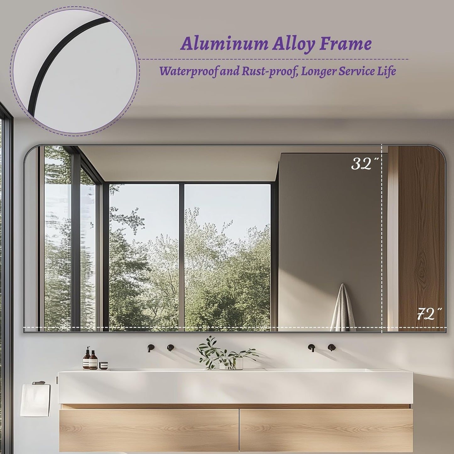 Bathroom Mirror, Wall Mirrors, Black Metal Framed Wall-Mounted Mirrors, Bathroom Vanity Mirror for Over Sink, Living Room, Bedroom, Entryway, 72x32 Inch, Black