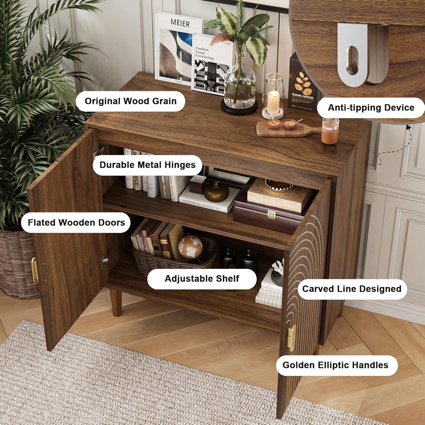 Sideboard Buffet Cabinet with Storage,Walnut Sideboard Buffet with Doors and Adjustable Shelf,Wooden Storage Cabinet, 31.3”W x 15.0”D x 30.6”H