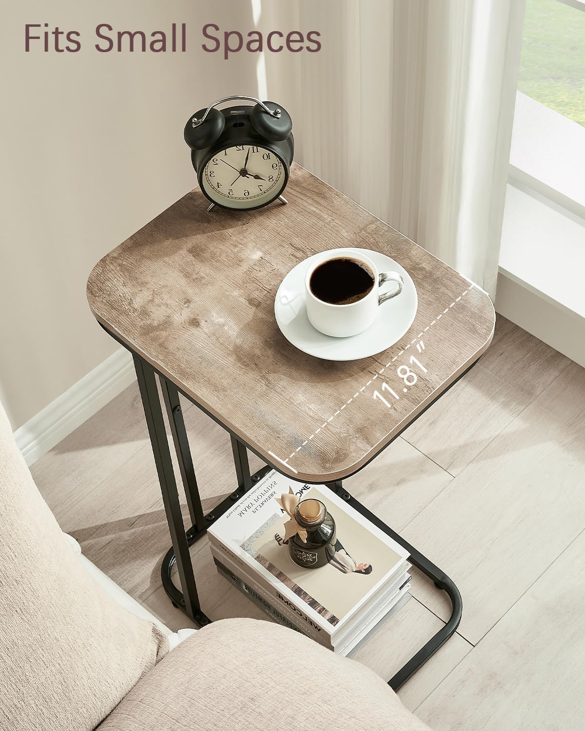 C Shaped End Table, 27 Inches High Small Side Table for Sofa and Bed, Couch Table That Slides Under, Tall Tv Tray Table for Living Room, Bedroom, Metal Frame, Greige & Black