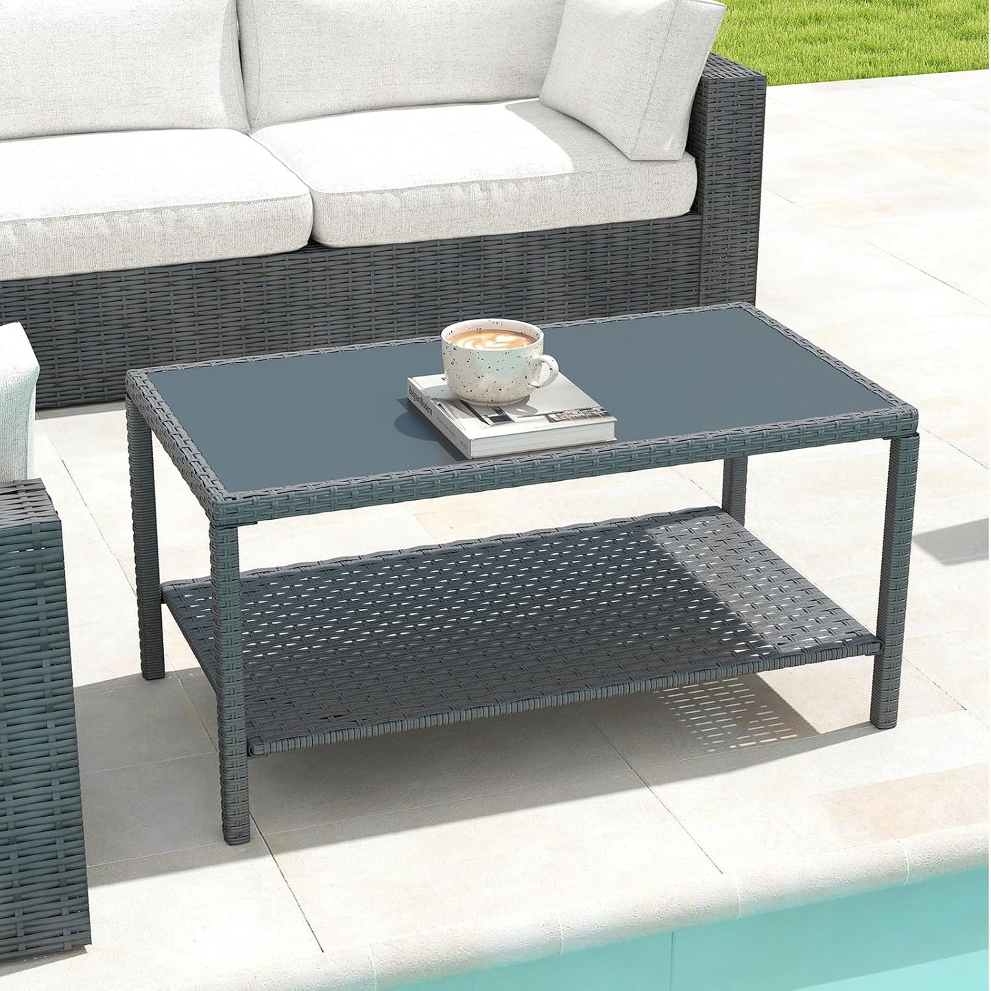 Helios&Hestia Rectangle All Weather Rattan Wicker Outdoor Coffee Side End Table with Glass Top for Patio, Deck, Backyard, Garden, Grey