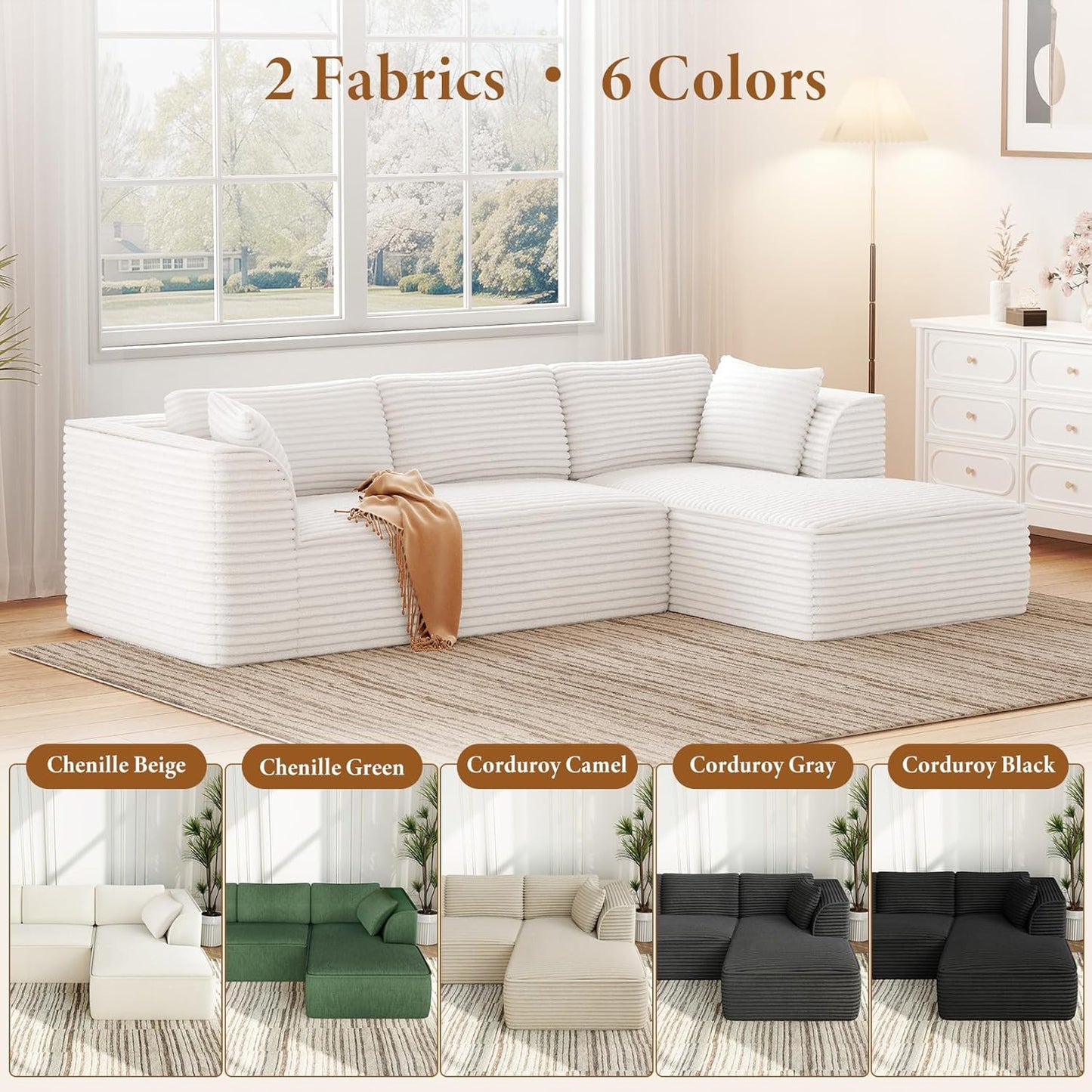 Vesgantti 106" Modular Sectional Sofa with Chaise, Deep Seat Comfy Cloud Couch Corduroy L Shaped Sofa Sectional Couches for Living Room Bedroom, No Assembly Required (Beige, Right-Facing Chaise)