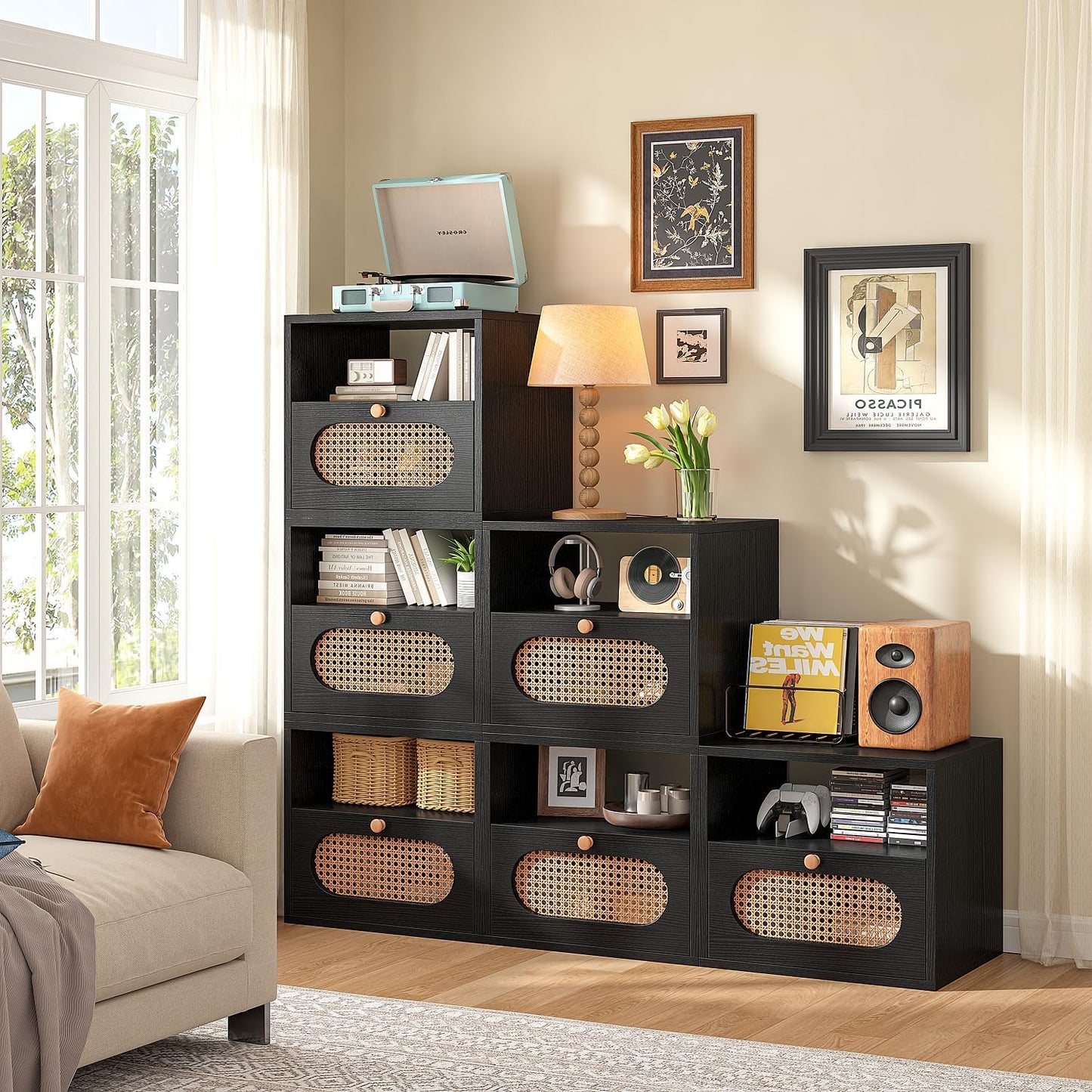 3-in-1 Modular TV Stand with Rattan Doors, DIY Media Console Boho Entertainment Center Modern TV Cabinet with Open Shelves,Black