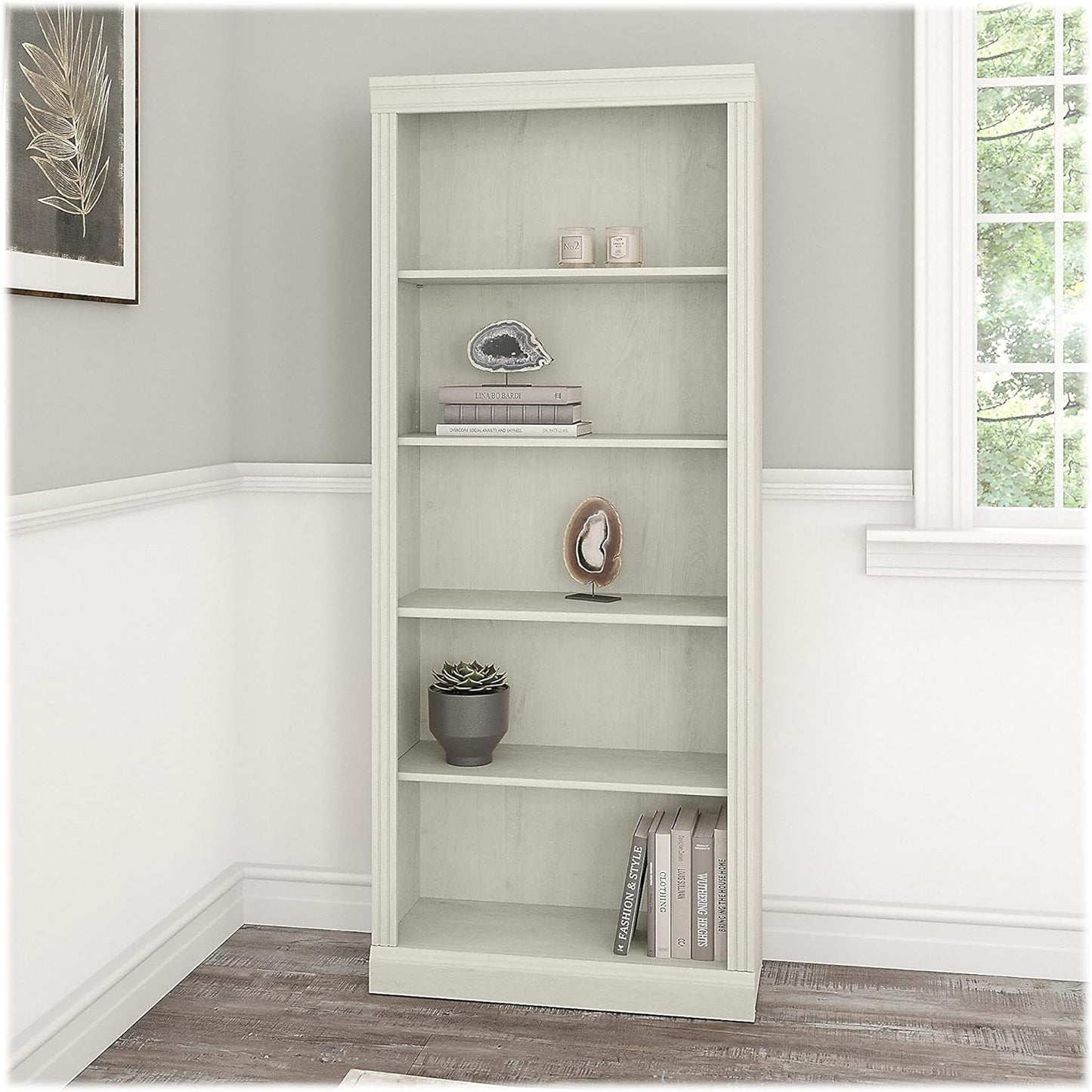 Bush Furniture Saratoga Tall 5 Shelf Bookcase in Linen White Oak, Home Office Organizer, Vertical Storage Solution for Books and Office Supplies, Tall Bookshelf