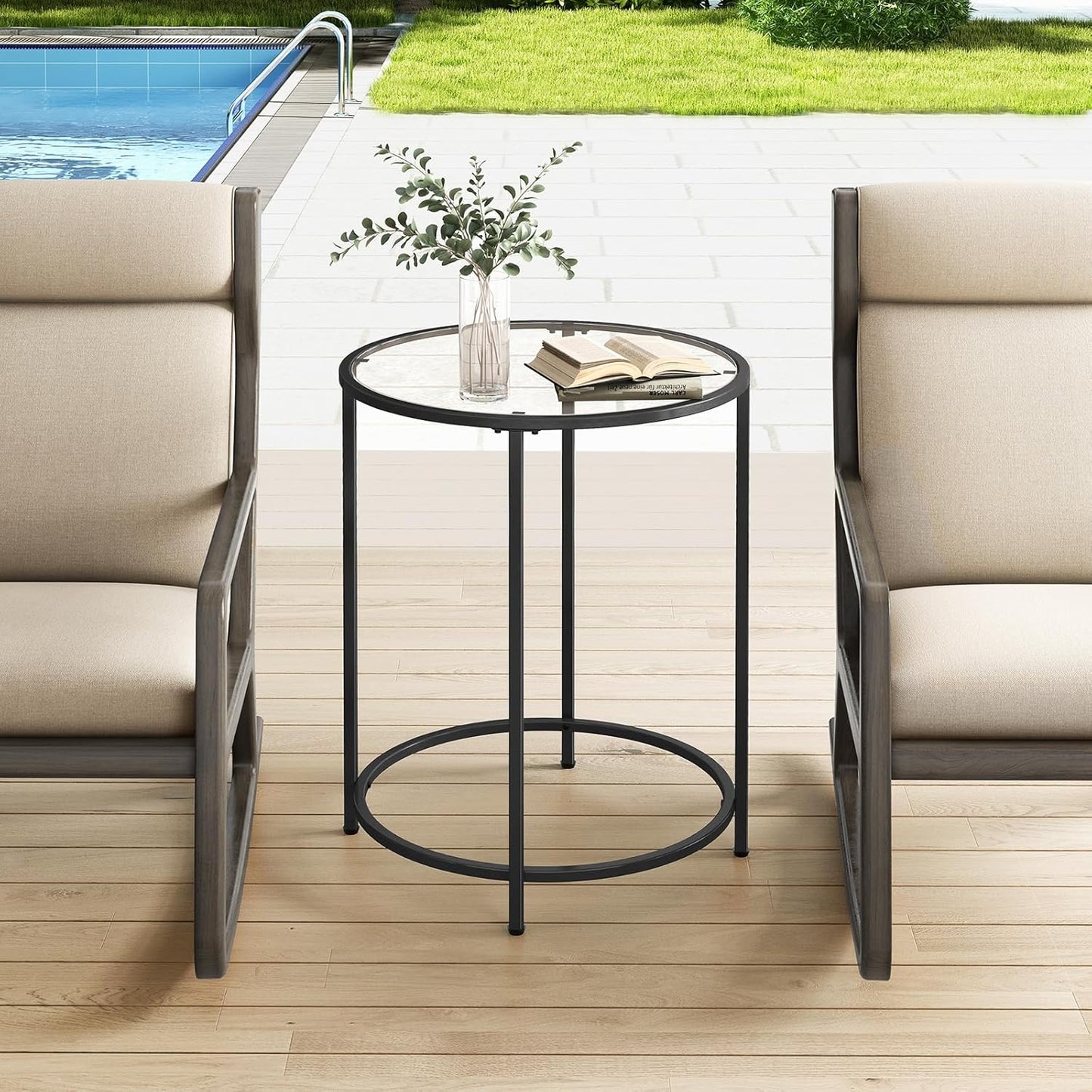 19.7’’ Round Glass End Table, Round Bedside Table with Tempered Glass Top, Black Glass Side Table with Metal Frame, Modern Round End Table for Living Room Balcony Bedroom Porch Patio