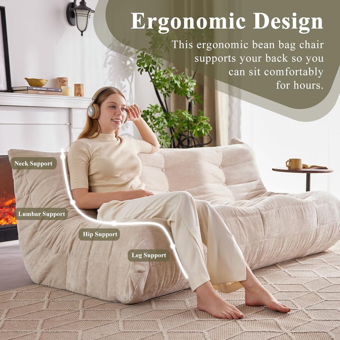 Bean Bag Chair, 3 Seater Fireside Chair Large Bean Bag Sofa for Adults, Memory Foam Chair Gaming Chairs with Comfy Design & Soft Fabric, Lazy Floor Sofa for Living Room, Bedroom, Beige