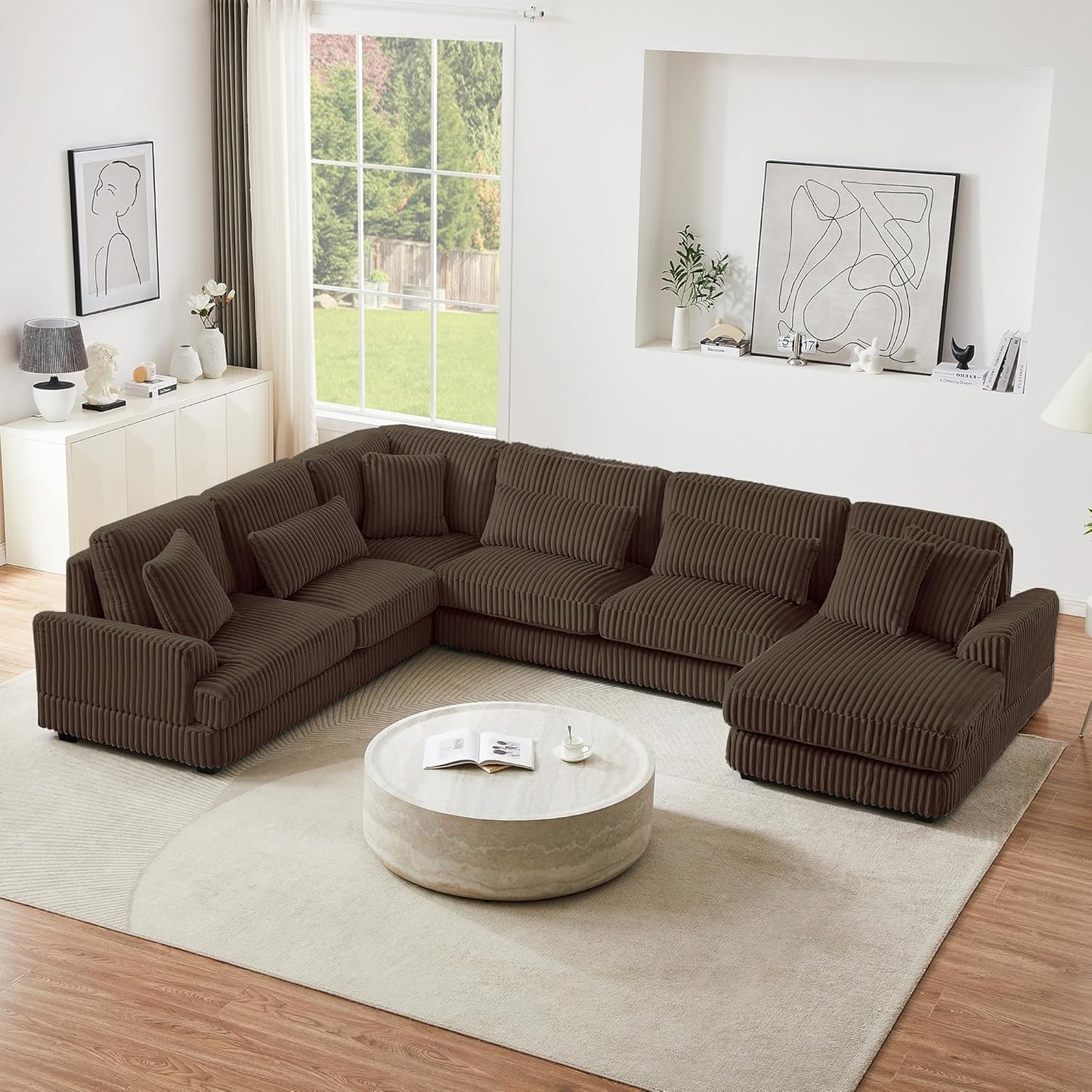 129" Oversized U Shaped Modular Sectional Sofa Couch for Living Room 7 Seater Plush Corduroy Upholstered Large Sofa Deep Seat Cloud Couch with Extra Wide Chaise Lounge and Detachable Thick Cushions