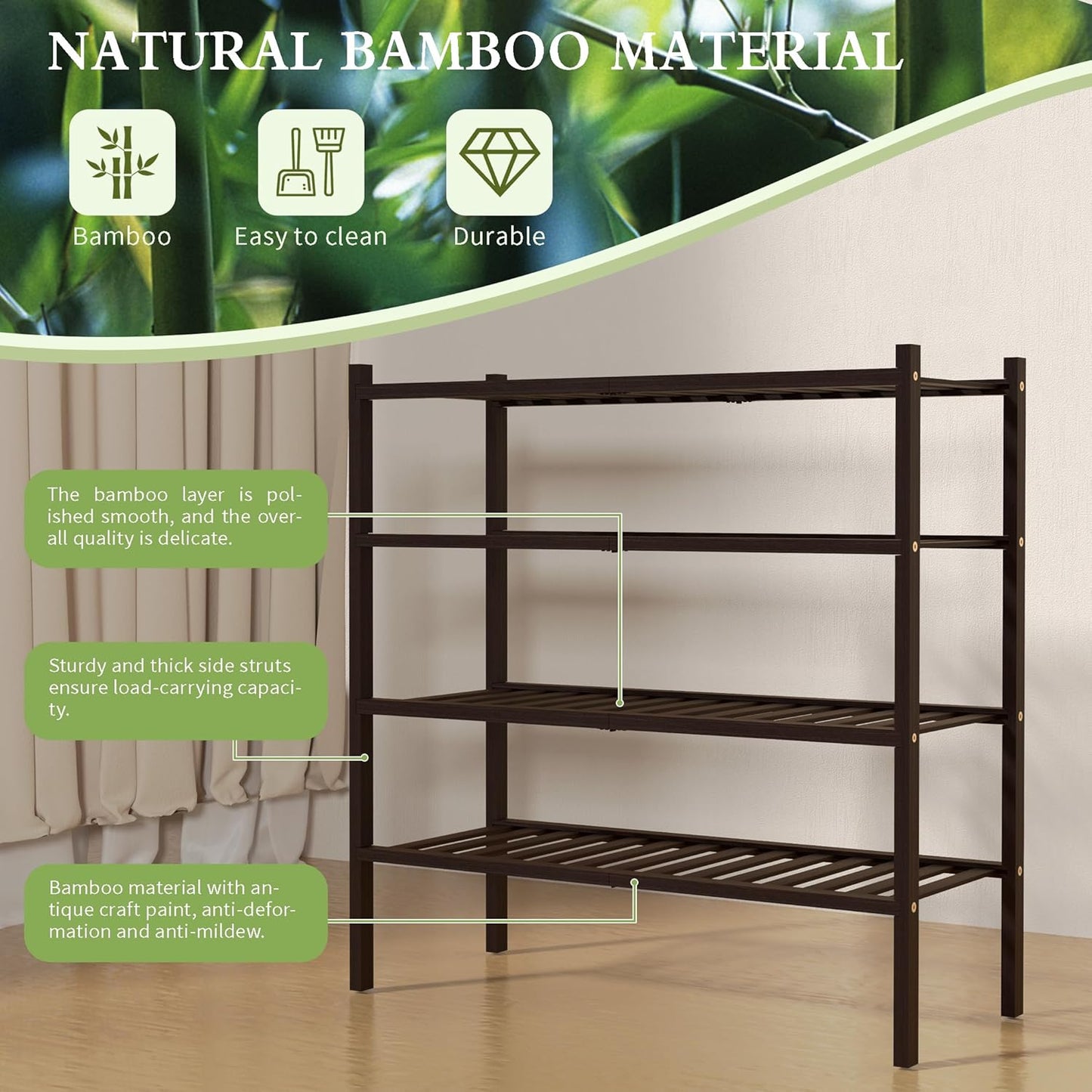 4 Tier Bamboo Shoe Rack for Closet Free Standing Wood Shoe Shelf for Entryway Small Space Stackable 27"x11"x26" (Brown)