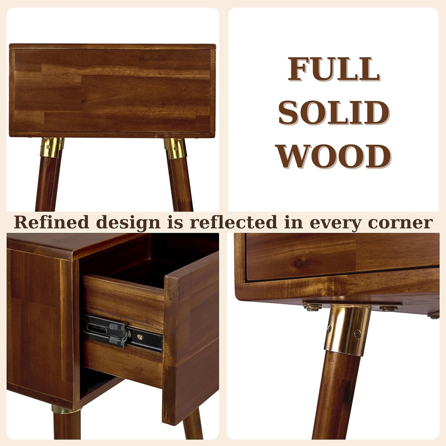 Bme Alden Solid Wood Nightstand/Side Table/End Table, Fully Assembled, with 1-Drawer for Mid Century Bedroom and Living Room, (12mm), Dark Chocolate