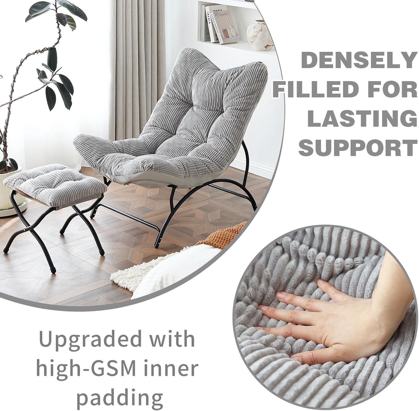 Welnow Accent Chair with Ottoman, Lounge Comfy Soft Leisure Metal Frame Reading Chair with Footrest, Upholstered Thick Cushion Seated Recliner Sofa for Living Room, Bedroom, Dorm, Light Grey