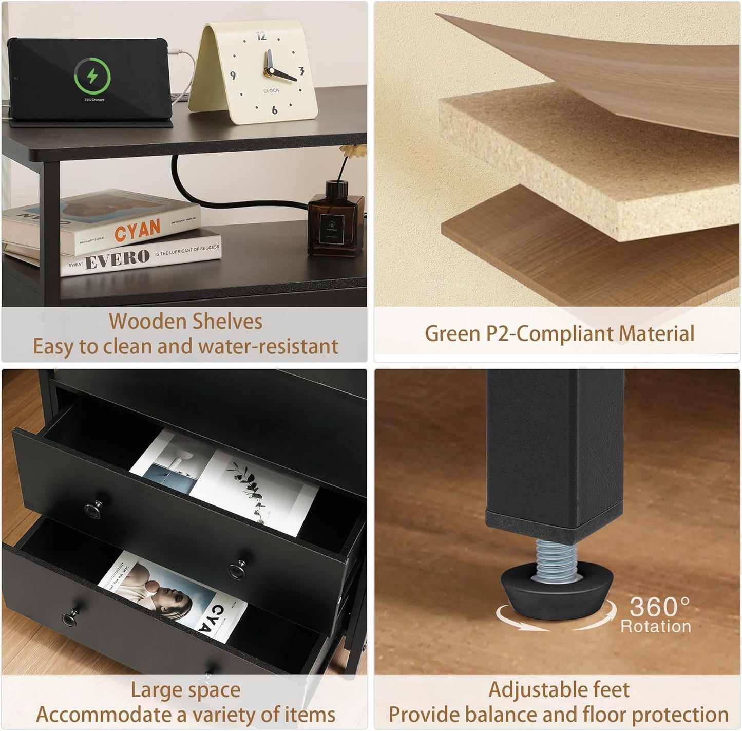 27 inch Wide Nightstand with Charging Station, Bedside Table with Open Shelf, 2 Drawers Small Wood Dresser, End Side Table for Bedroom (Black)