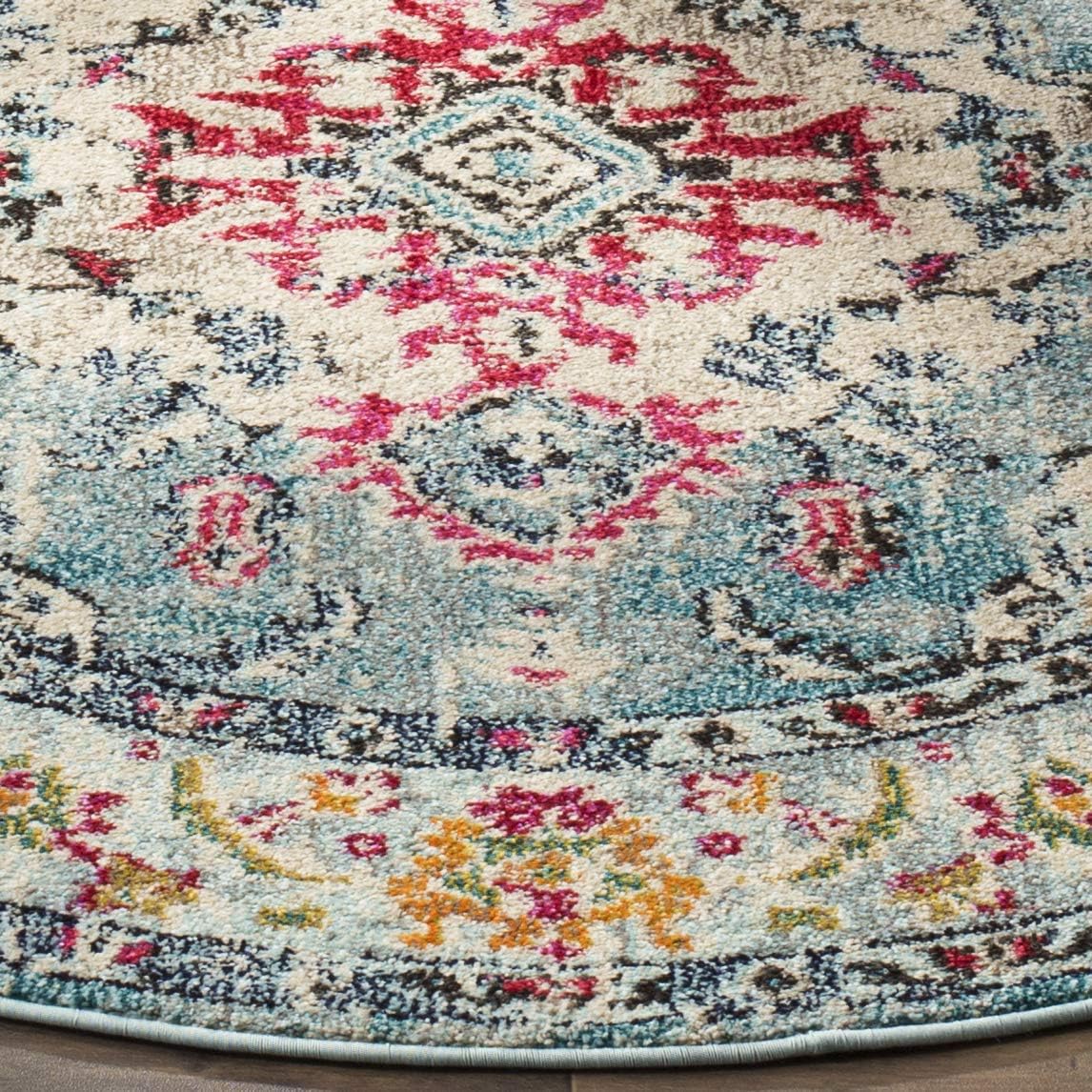 SAFAVIEH Monaco Collection Area Rug - 8'8" Round, Light Blue & Fuchsia, Boho Chic Medallion Distressed Design, Non-Shedding & Easy Care, Ideal for High Traffic Areas in Living Room, Bedroom (MNC243J)