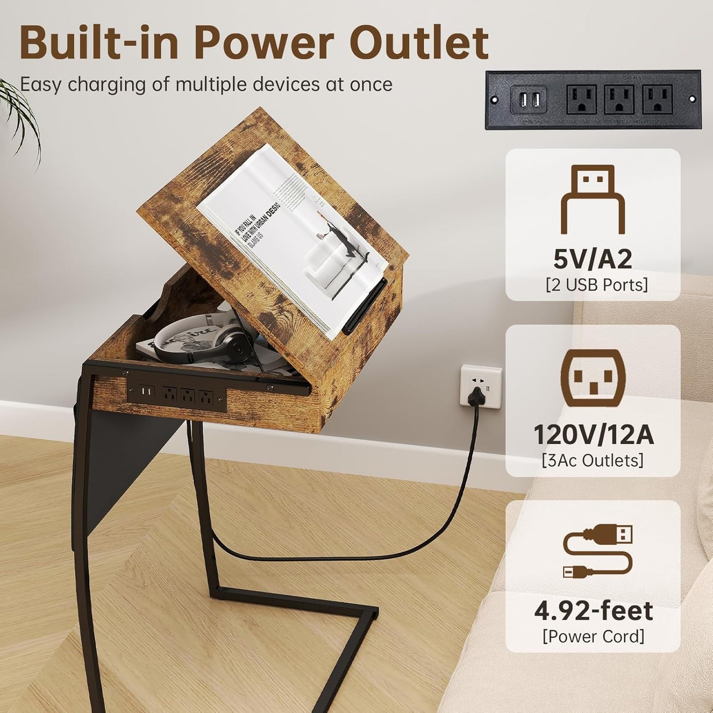 Hadulcet TV Tray Tables, Laptop Stand for Couch, C Shaped End Table with Charging Station, Couch Tables That Slide Under, Bed Desk for Eating, Couch Desk for Laptop, Rustic Brown