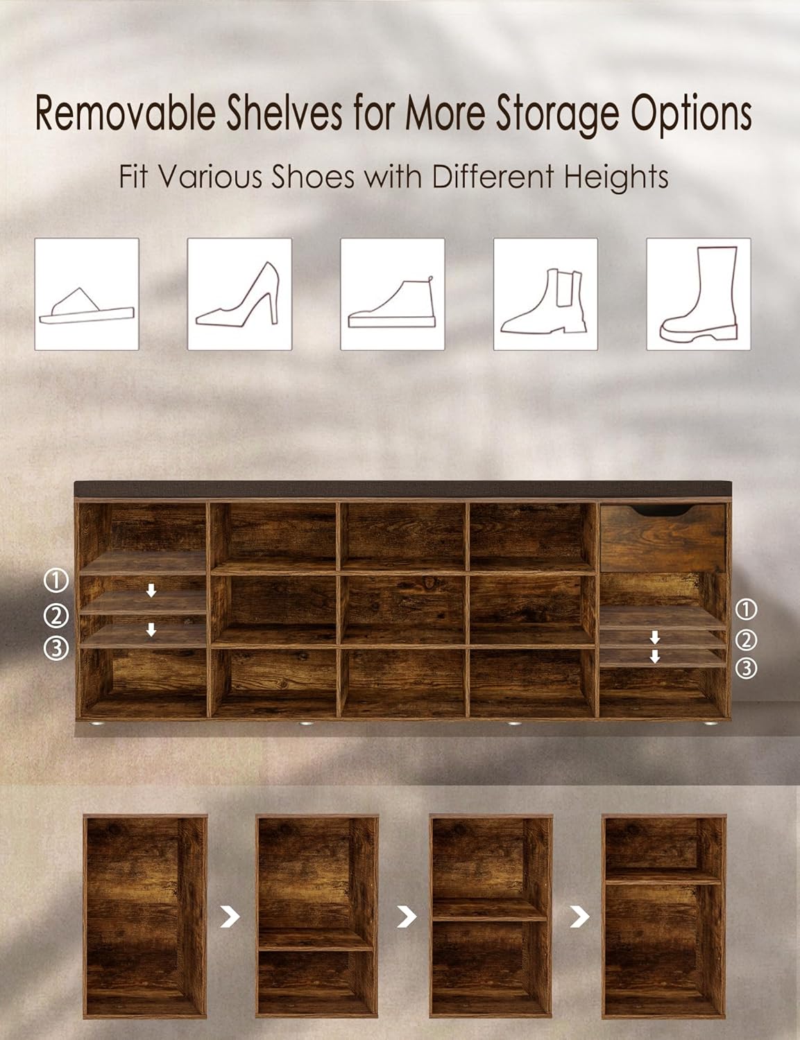 DINZI LVJ Shoe Bench, Entryway Storage Bench with Drawer and 14 Cubbies, Long Cubby Shoe Rack with Adjustable Shelves, Shoe Organizer for Living Room, Bedroom, Mudroom, Garage, Rustic Brown