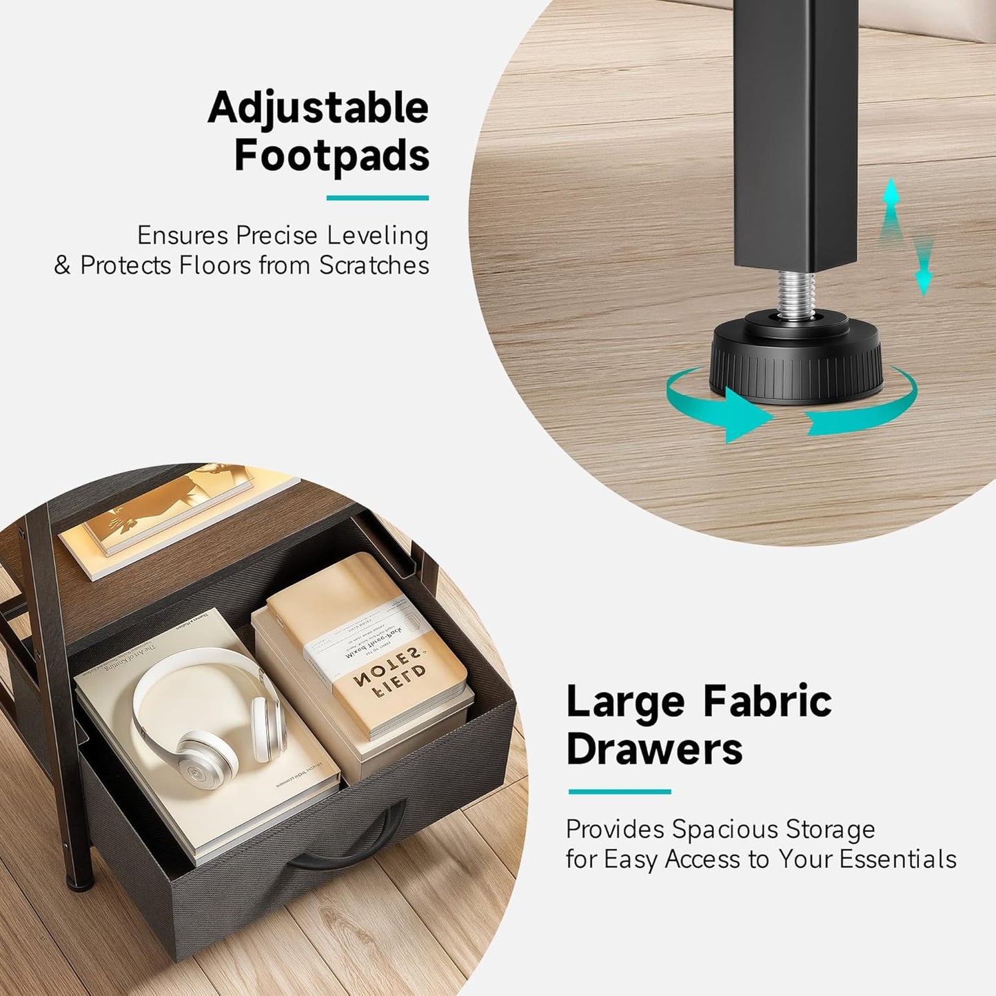 Night Stand Bedside Table Bedroom - Tall Nightstand with Charging Station & LED Light Strip, Bed Side Table with Storage Shelf & 4 Fabric Drawers, 2 U-S-B Ports & 2 AC Outlets