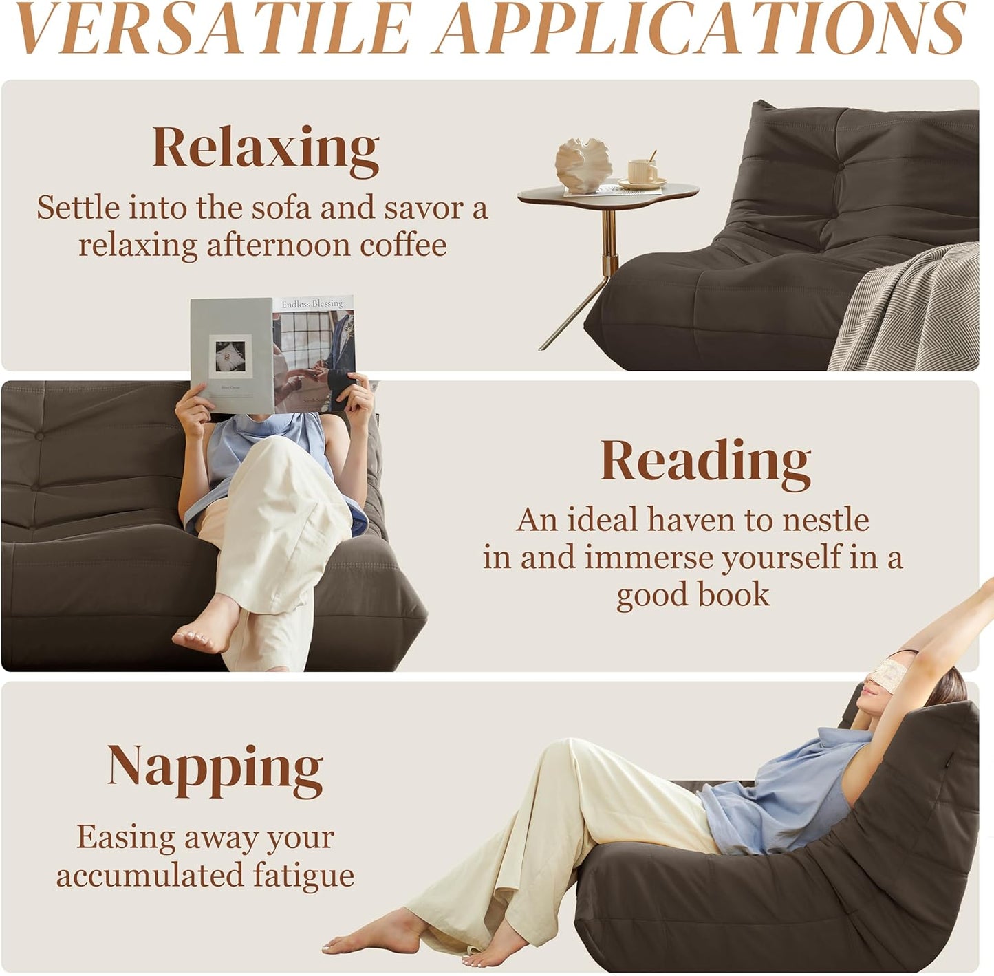 Bean Bag Chair, Loveseat Fireside Chair Bean Bag Sofa for Adults, 2 Seater Bean Bag Chairs for Teens with High-Resilience Foam, Memory Foam Bean Bag for Living Room, Bedroom, Office (Suede, Coffee)