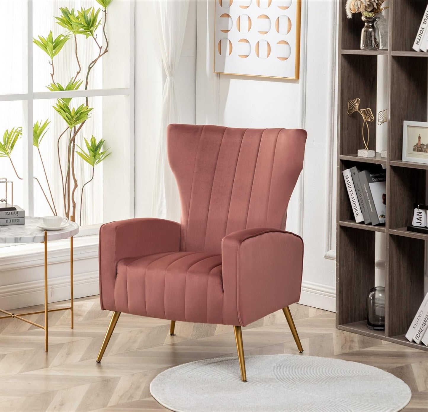 Container Furniture Direct Modern Velvet Accent Chair, Channel Tufted Bedroom, Office or Living Room Furniture with Elegant Metal Legs, 26" Wide Armchair, Rose