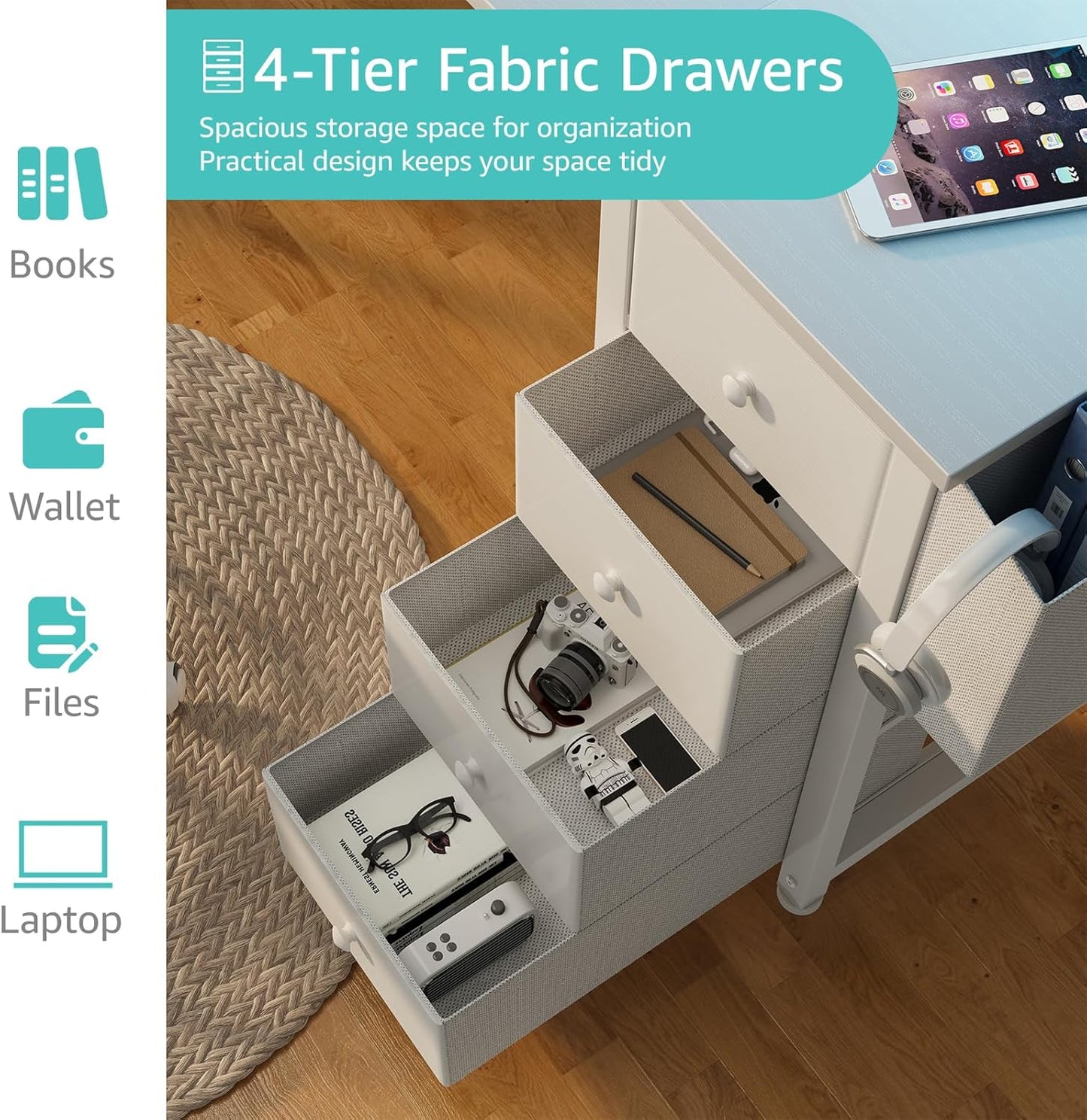 Lufeiya White L Shaped Computer Desk with Fabric Drawers, 55 Inch Corner Home Office Desk with Monitor Stand Shelves, Writing Study Gaming Desks with Led Lights and Power Outlets for Bedroom, White