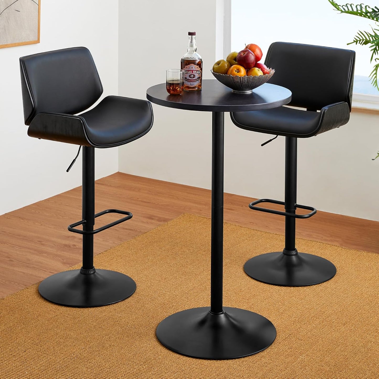 Glitzhome 39.5" H Set of 2 Pub Table Round Bar Table Wood Top with Black Metal Leg and Base,Charcoal Gray Walnut Veneer Finish Cocktail Table for Kitchen Island,Bistro,Restaurant (Charcoal Gray)