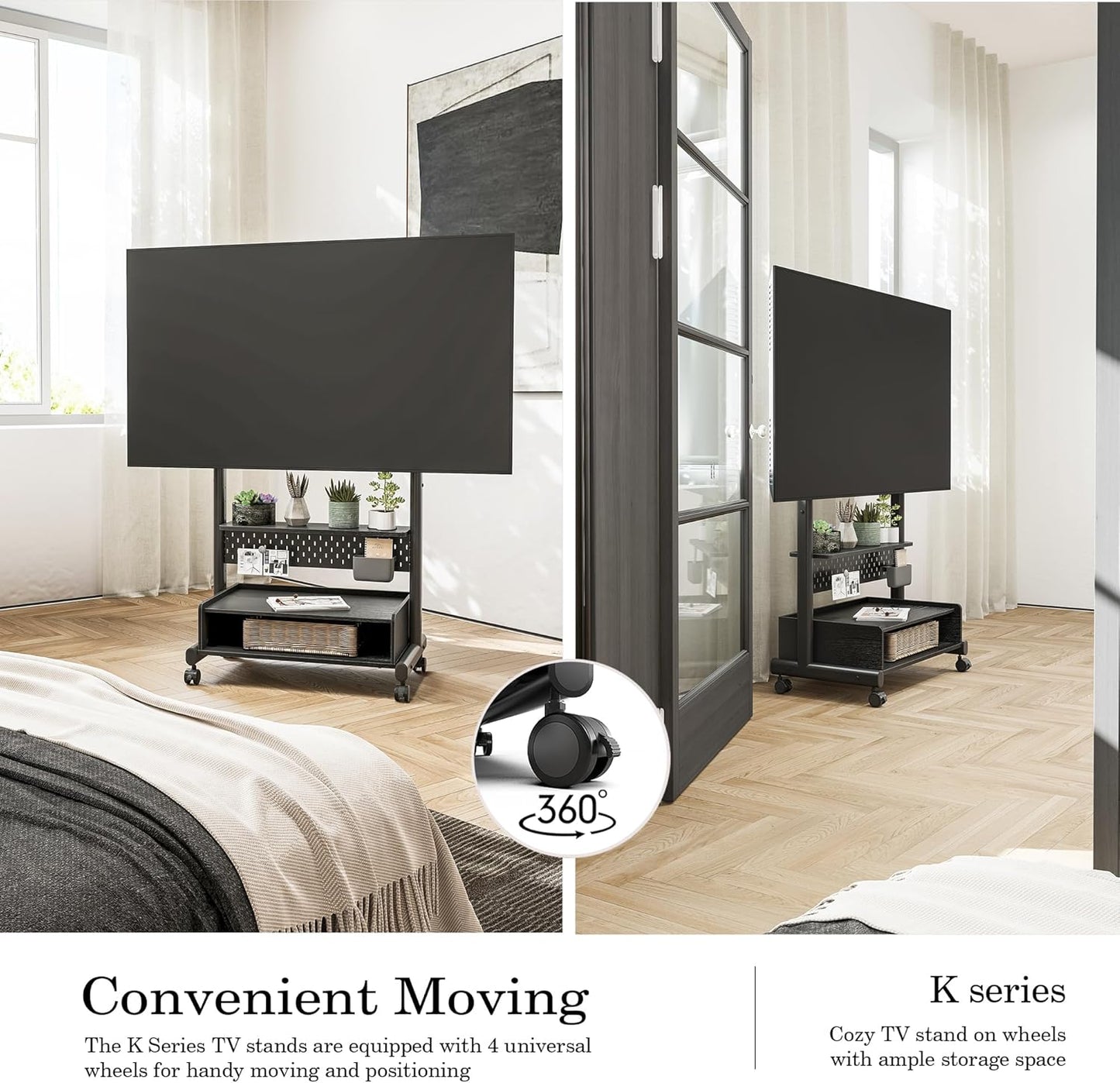 FITUEYES Rolling TV Floor Stand for 40-85in TVs, Heavy Duty Mobile TV Stand on Wheels Lockable, TV Cart with Wooden Large Storage Shelf & Pegboard Hold up to 132 lbs for Bedroom, Living Room, Office