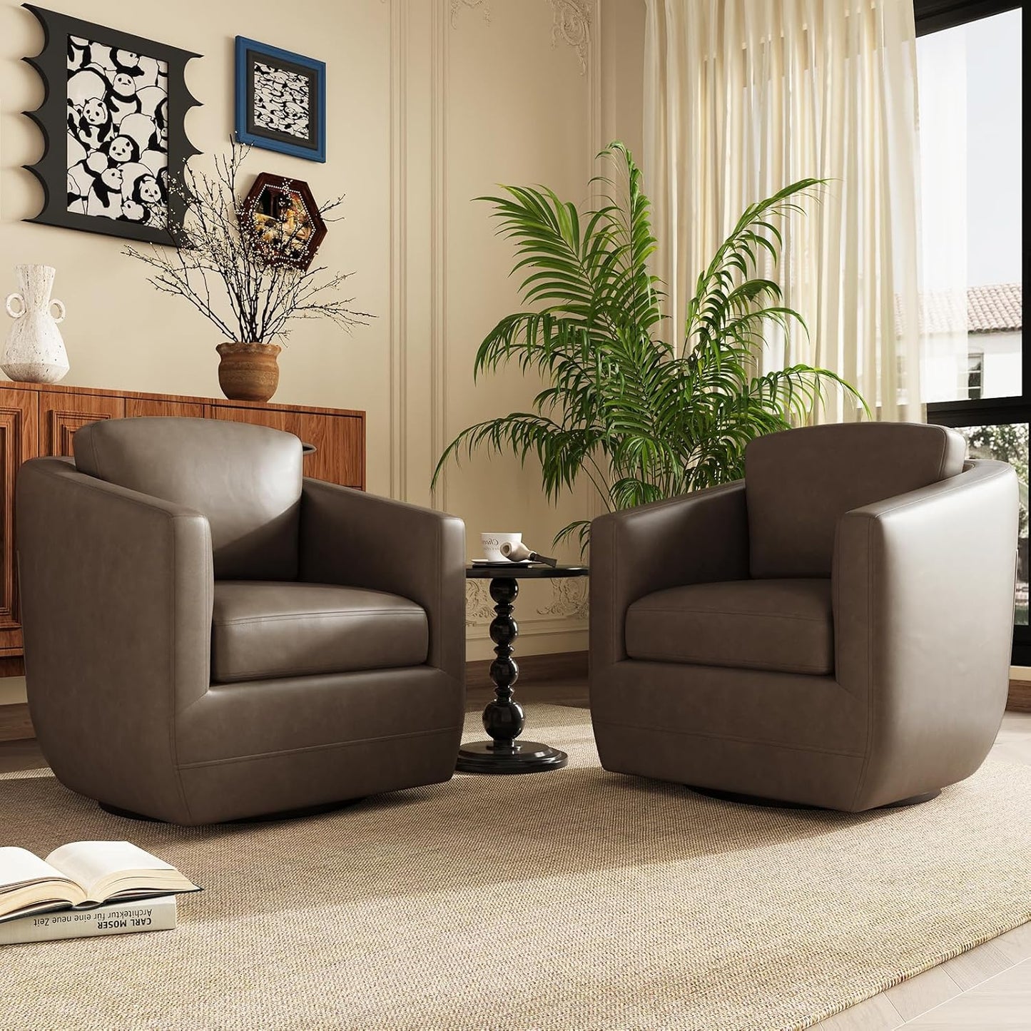 COLAMY 360° Swivel Accent Chair Set of 2 with Pillow - Comfy Living Room Armchair No-Sag Foam & Sturdy Metal Base, Fully Assembled Swivel Accent Single Sofa for Bedroom Living Room, Office, Wolf Grey