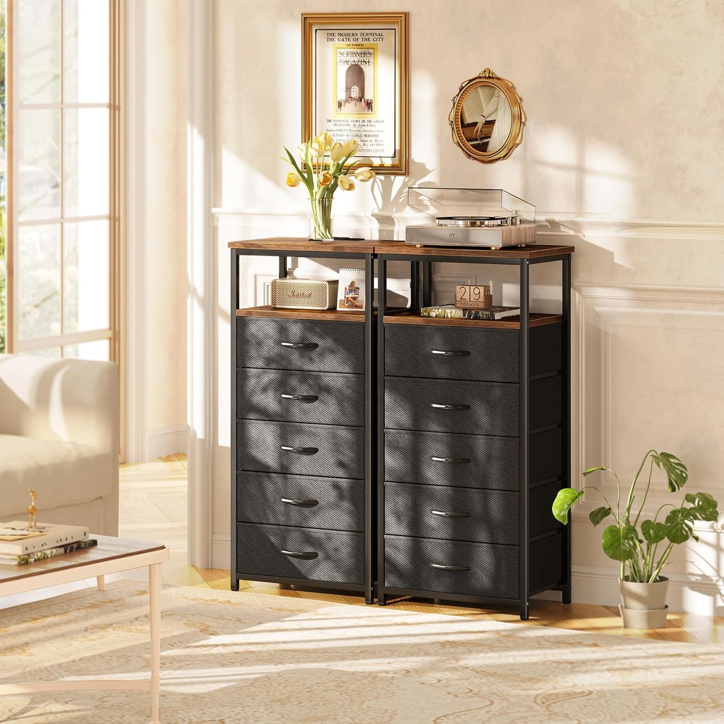 Huuger 5 Drawers Tall Dresser with Charging Station, Dresser for Bedroom, Tall Night Stand, Chest of Drawers with Open Shelf, Bedside Table Nightstand, Fabric, Rustic Brown and Black