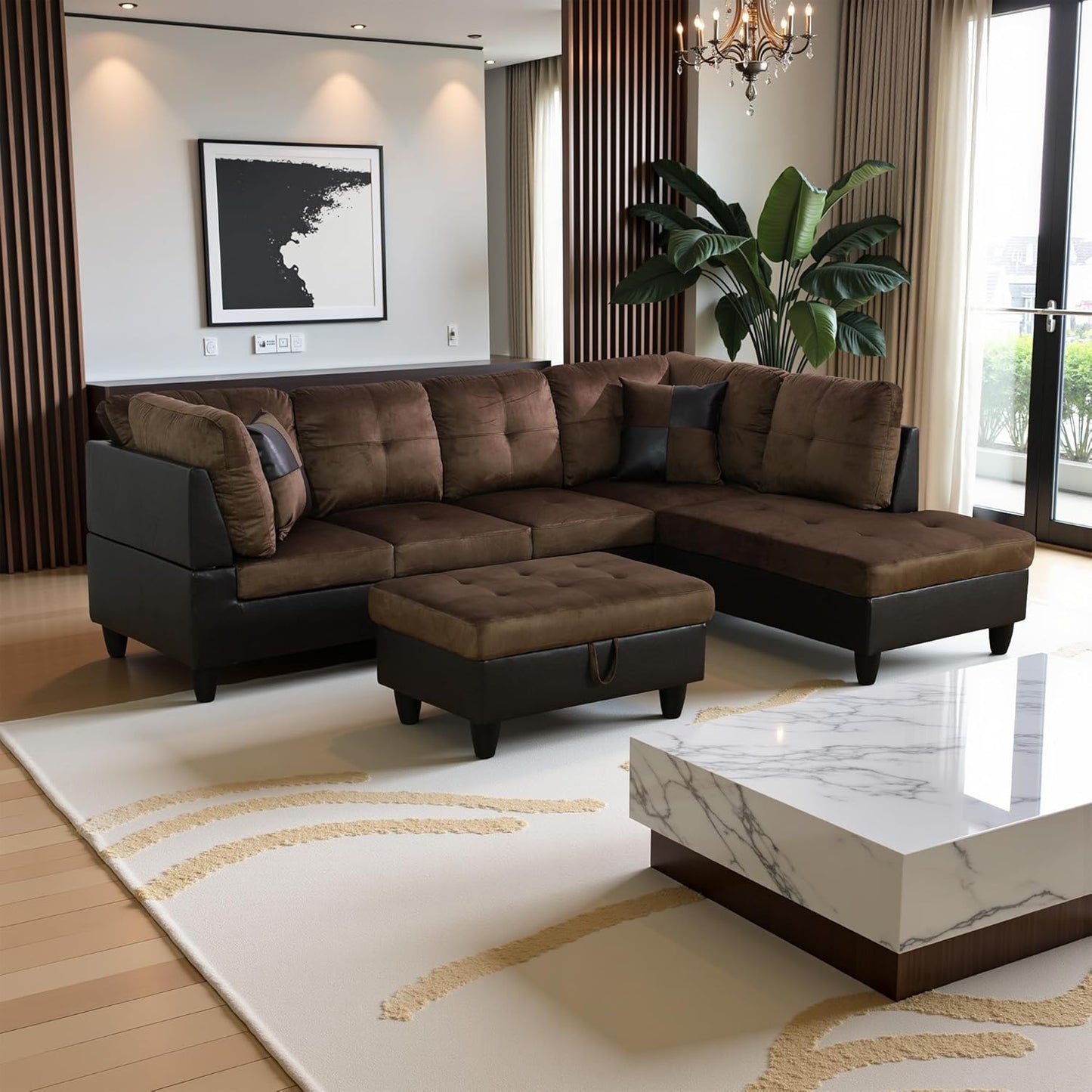103.5" Oversized Sectional Couch, L Shaped Couch with Storage Ottoman, Modern Modular Sofa with Deep Seat, Sectional Couches for Living Room and Office, Brown (Lint and PVC)